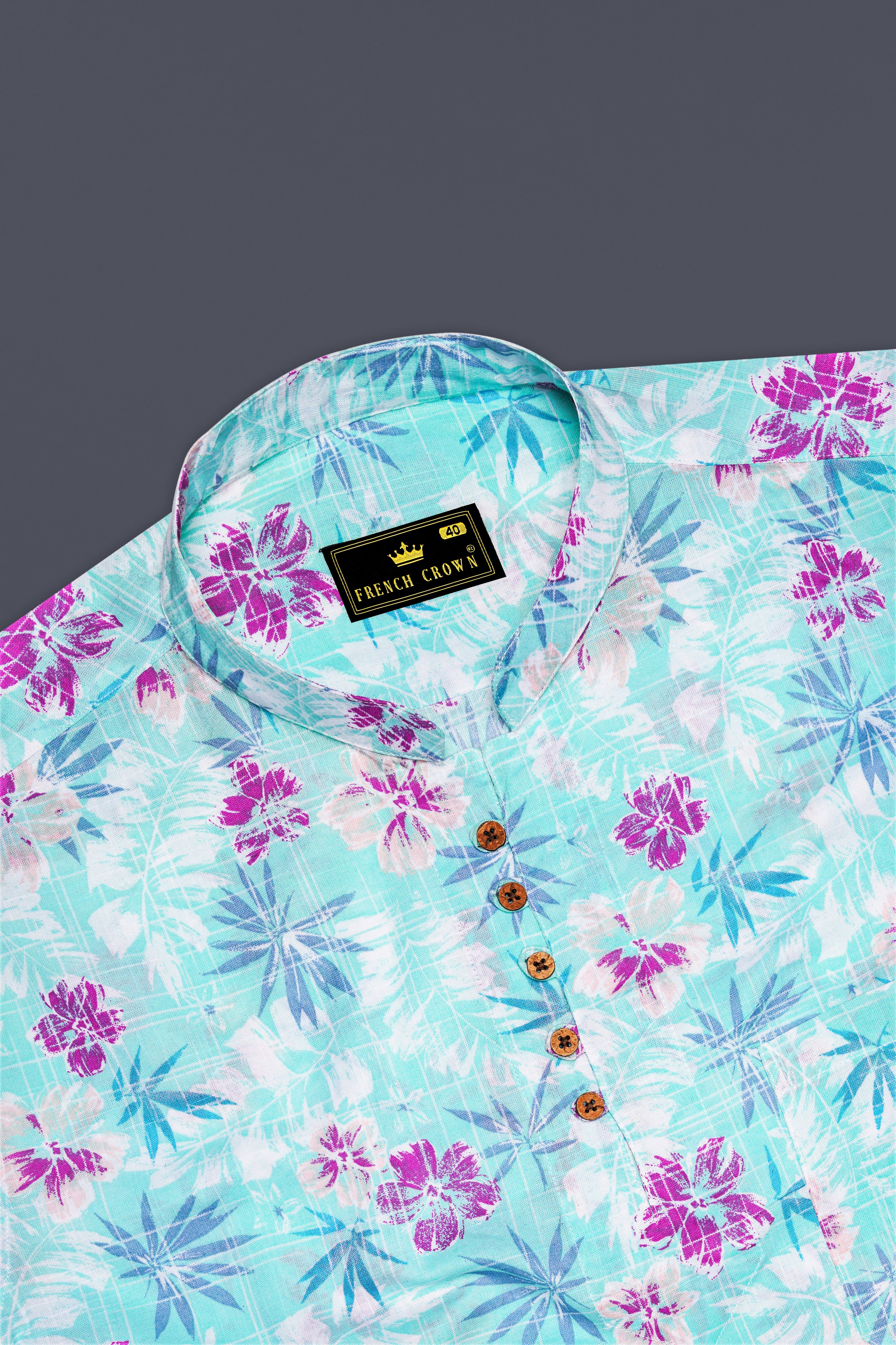 Tropivell-Tiffany Blue And Plum Pink Tropical Breeze Printed Luxurious Linen Casual Shirt