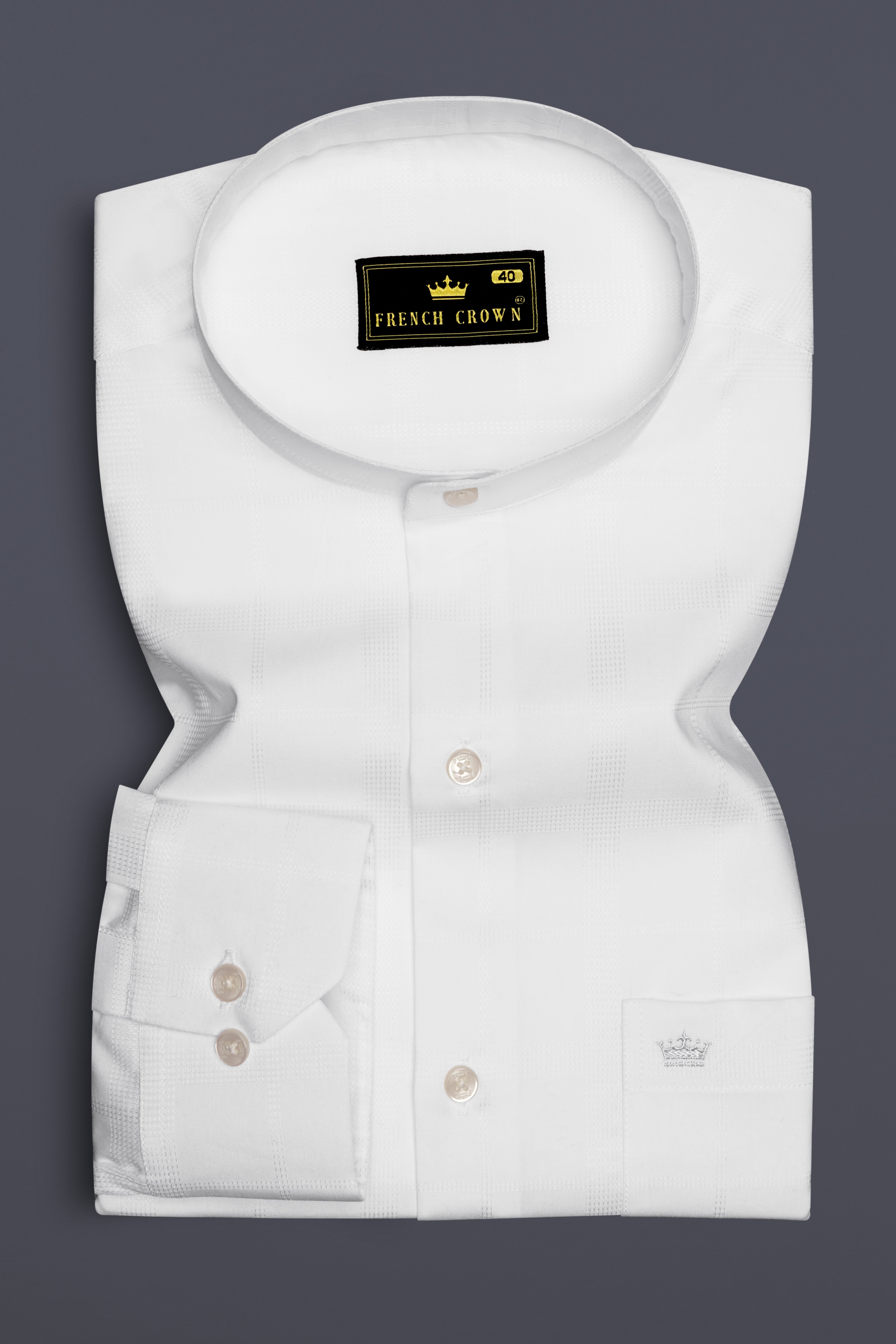 Ivovira-Bright White Dobby Textured Premium Giza Cotton Semi Formal Mandarin Shirt