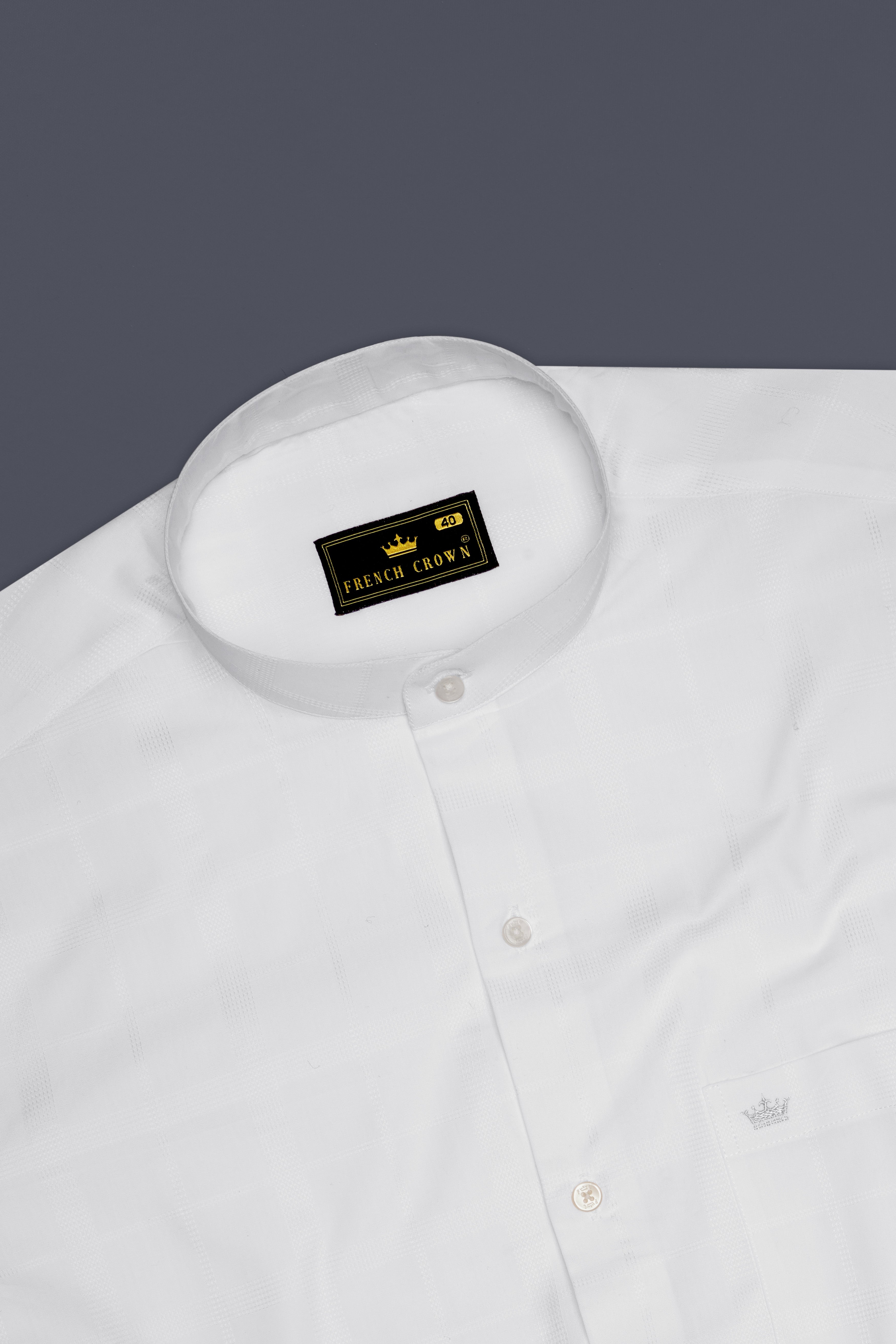 Ivovira-Bright White Dobby Textured Premium Giza Cotton Semi Formal Mandarin Shirt