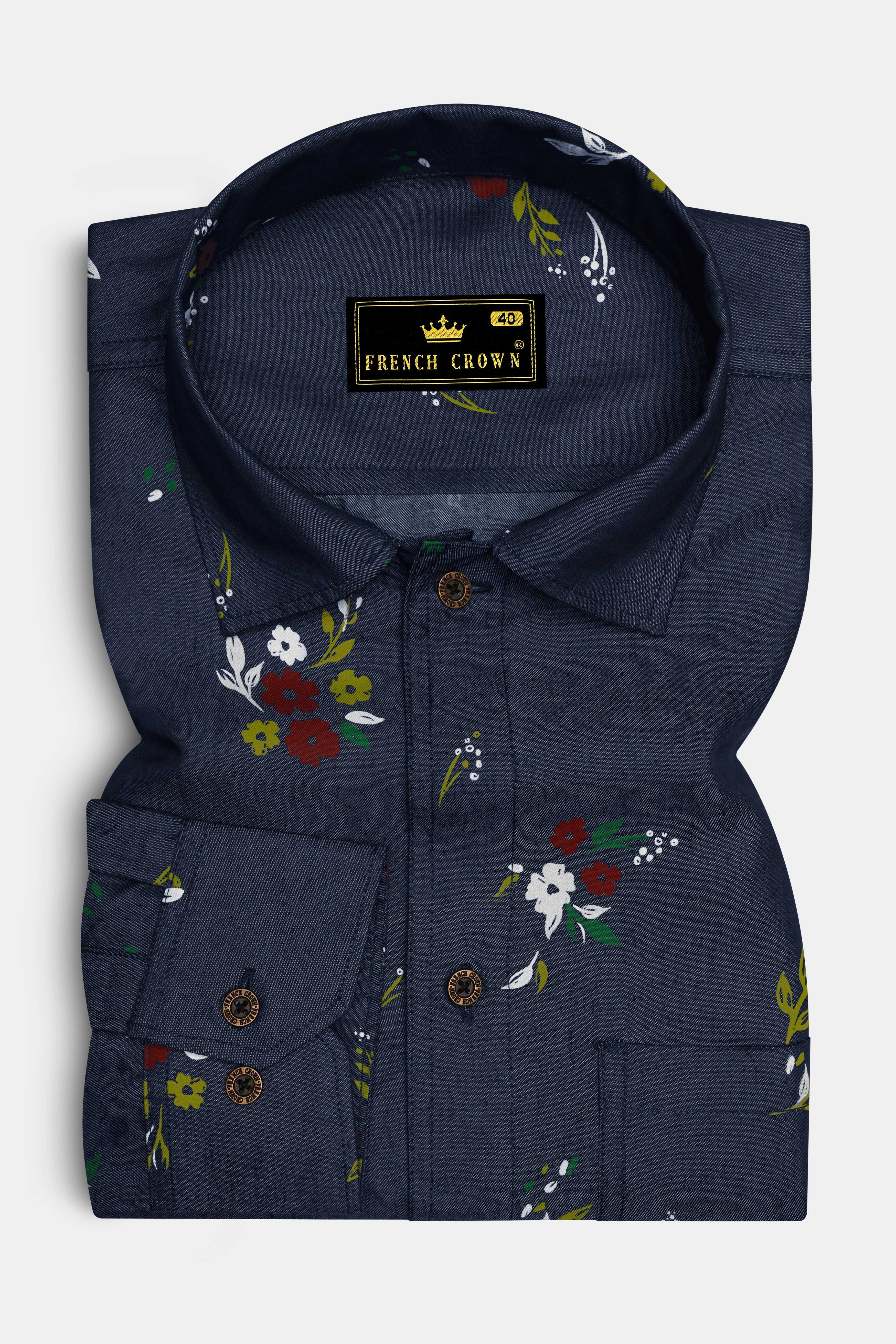 Scafloris-Mirage Blue Scattered Floral Printed Heavyweight Premium Cotton Casual Denim Overshirts
