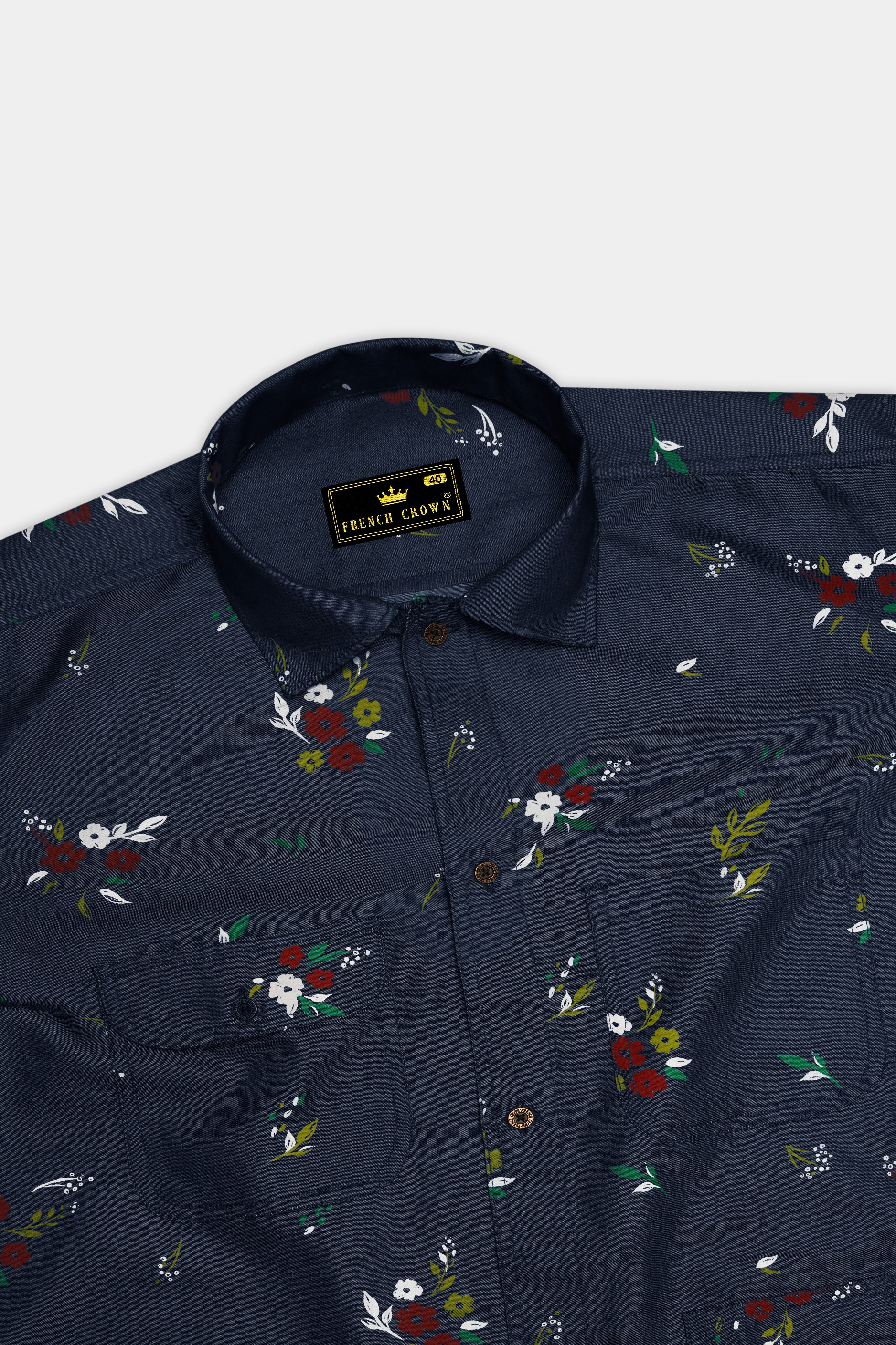Scafloris-Mirage Blue Scattered Floral Printed Heavyweight Premium Cotton Casual Denim Overshirts