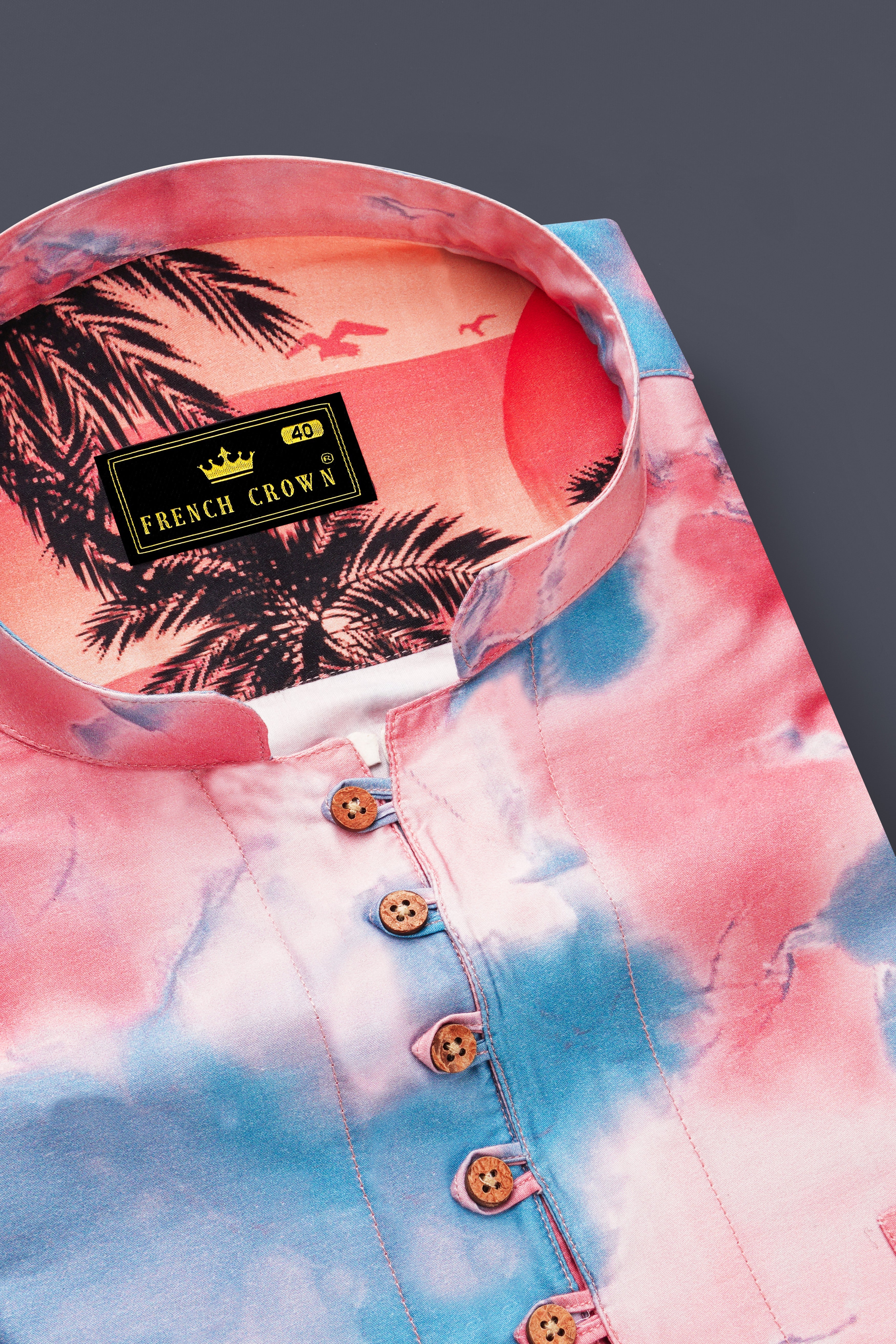 Azzoria-Turkish Pink And Carolina Blue Tropical Sunset Printed Premium Cotton Casual Kurta Shirt