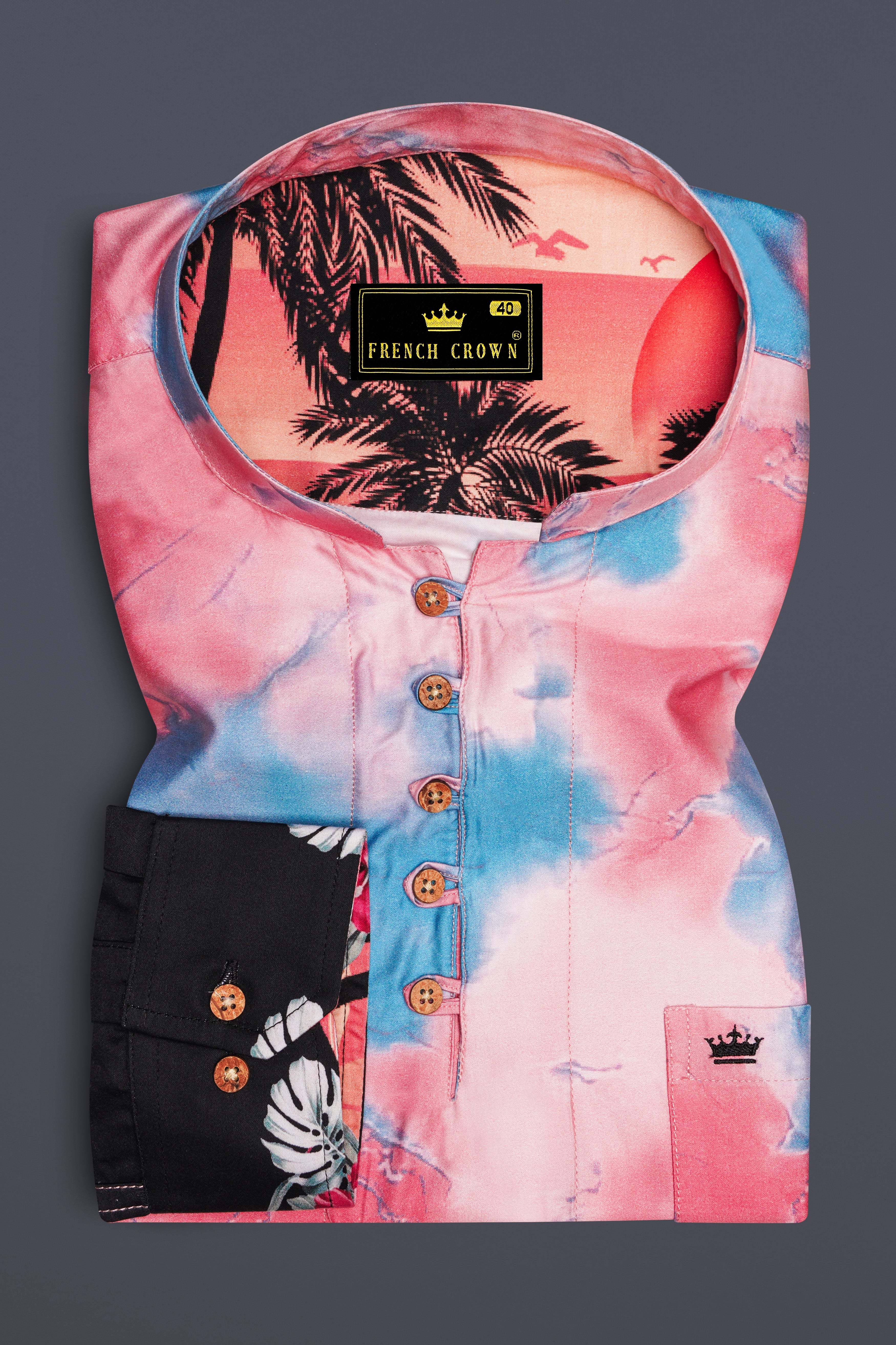 Azzoria-Turkish Pink And Carolina Blue Tropical Sunset Printed Premium Cotton Casual Kurta Shirt