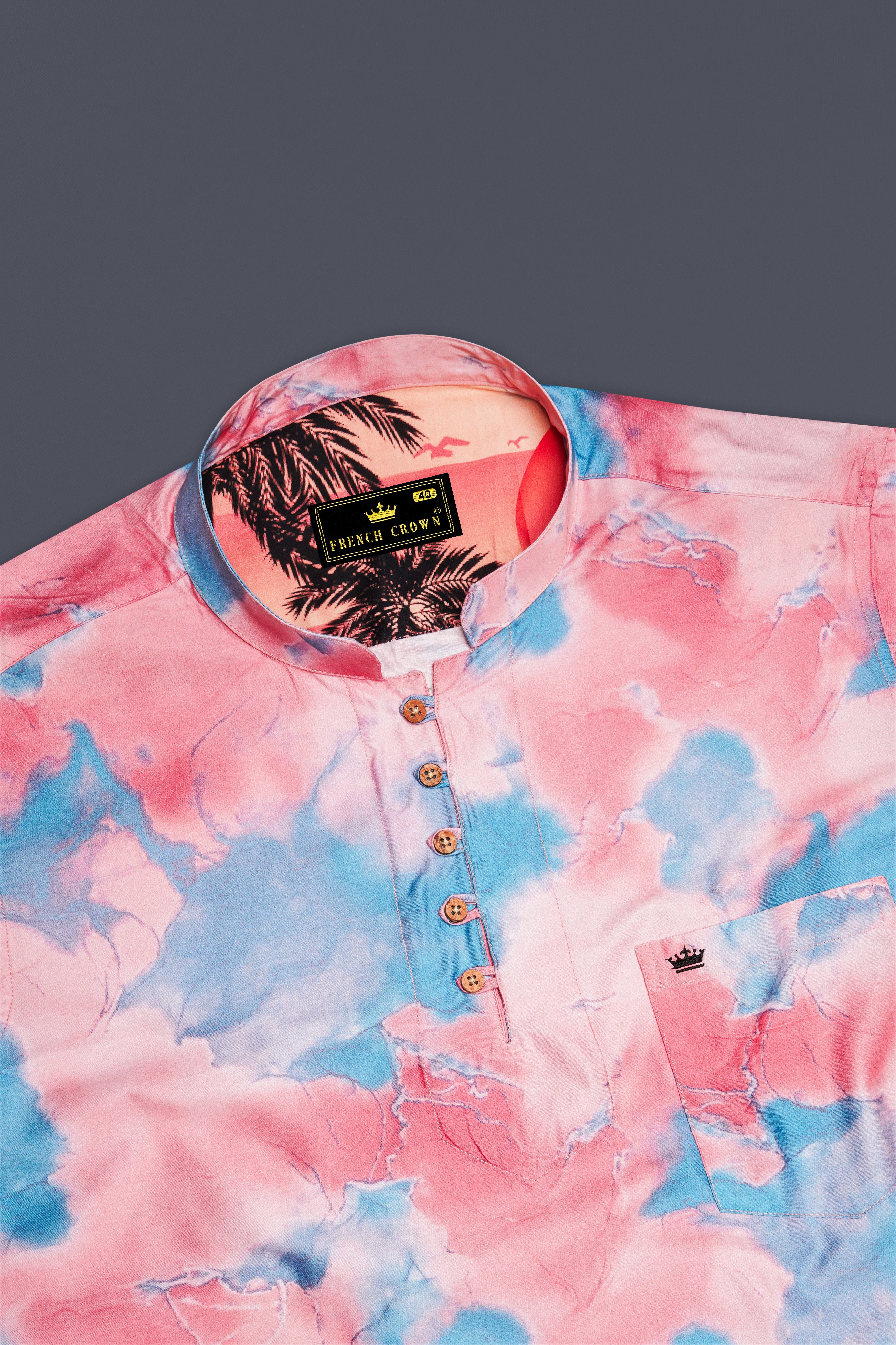 Azzoria-Turkish Pink And Carolina Blue Tropical Sunset Printed Premium Cotton Casual Kurta Shirt