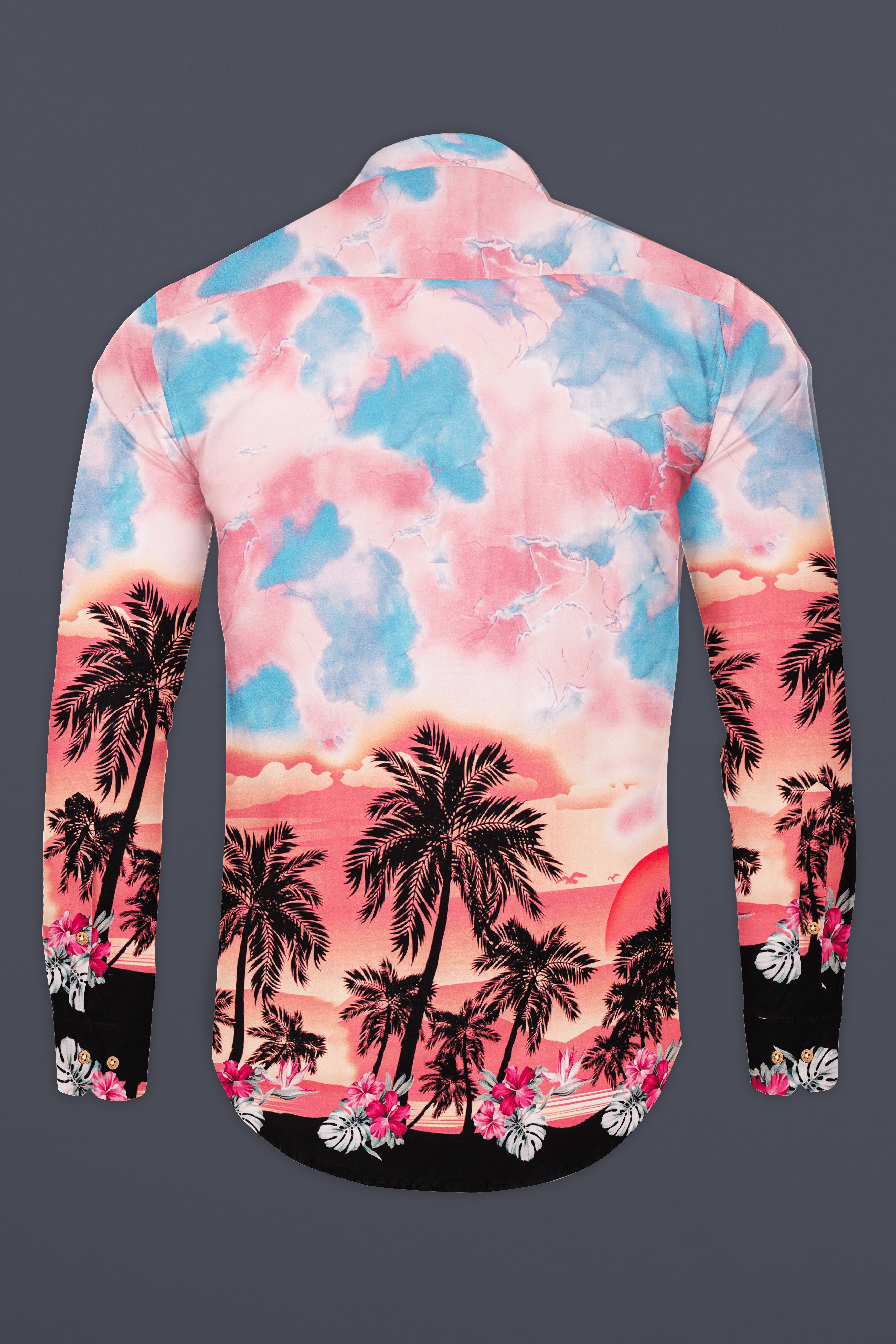 Azzoria-Turkish Pink And Carolina Blue Tropical Sunset Printed Premium Cotton Casual Kurta Shirt