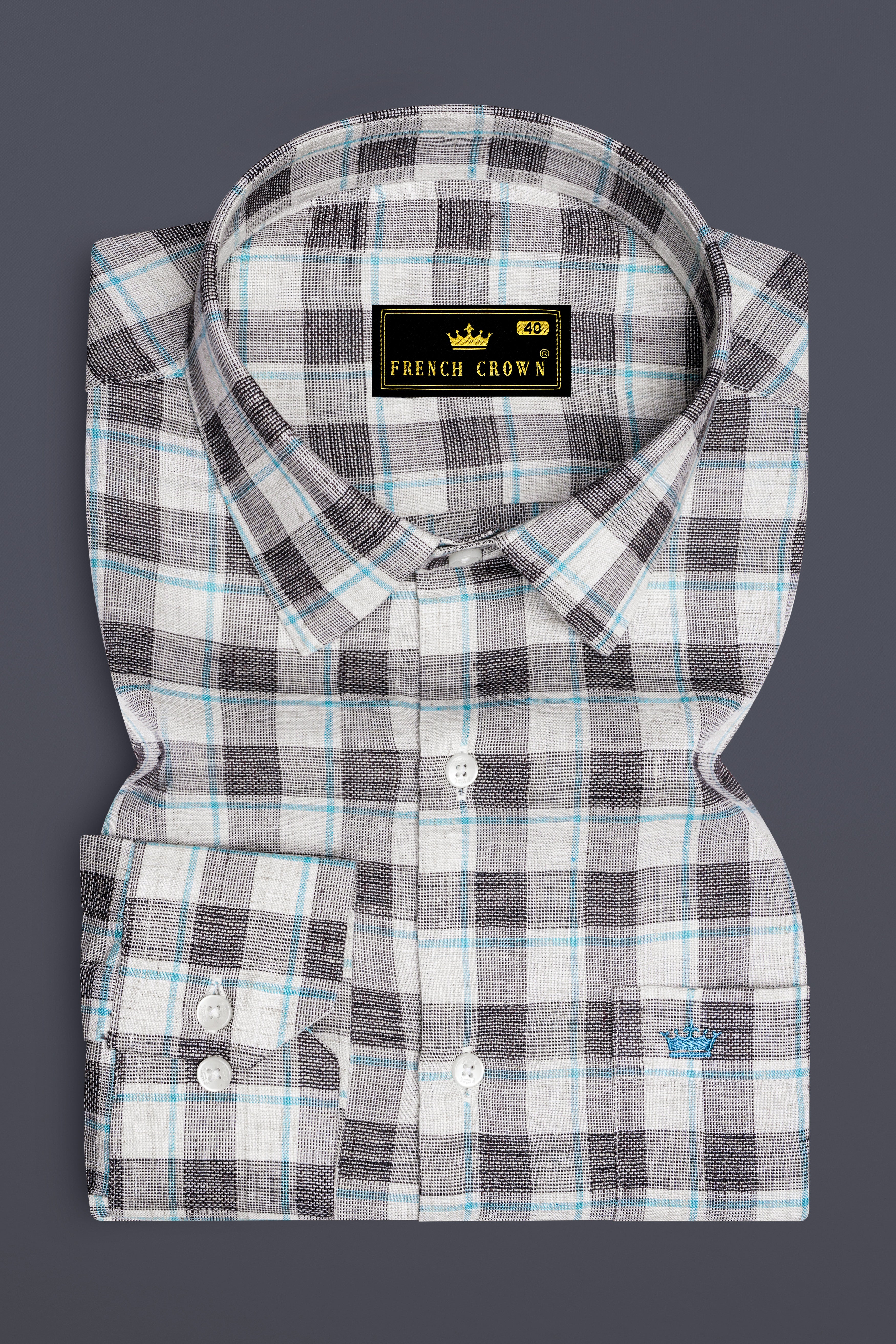 Alviano-Vista White And Horizon Blue Plaid Luxurious Linen Semi Formal Shirt