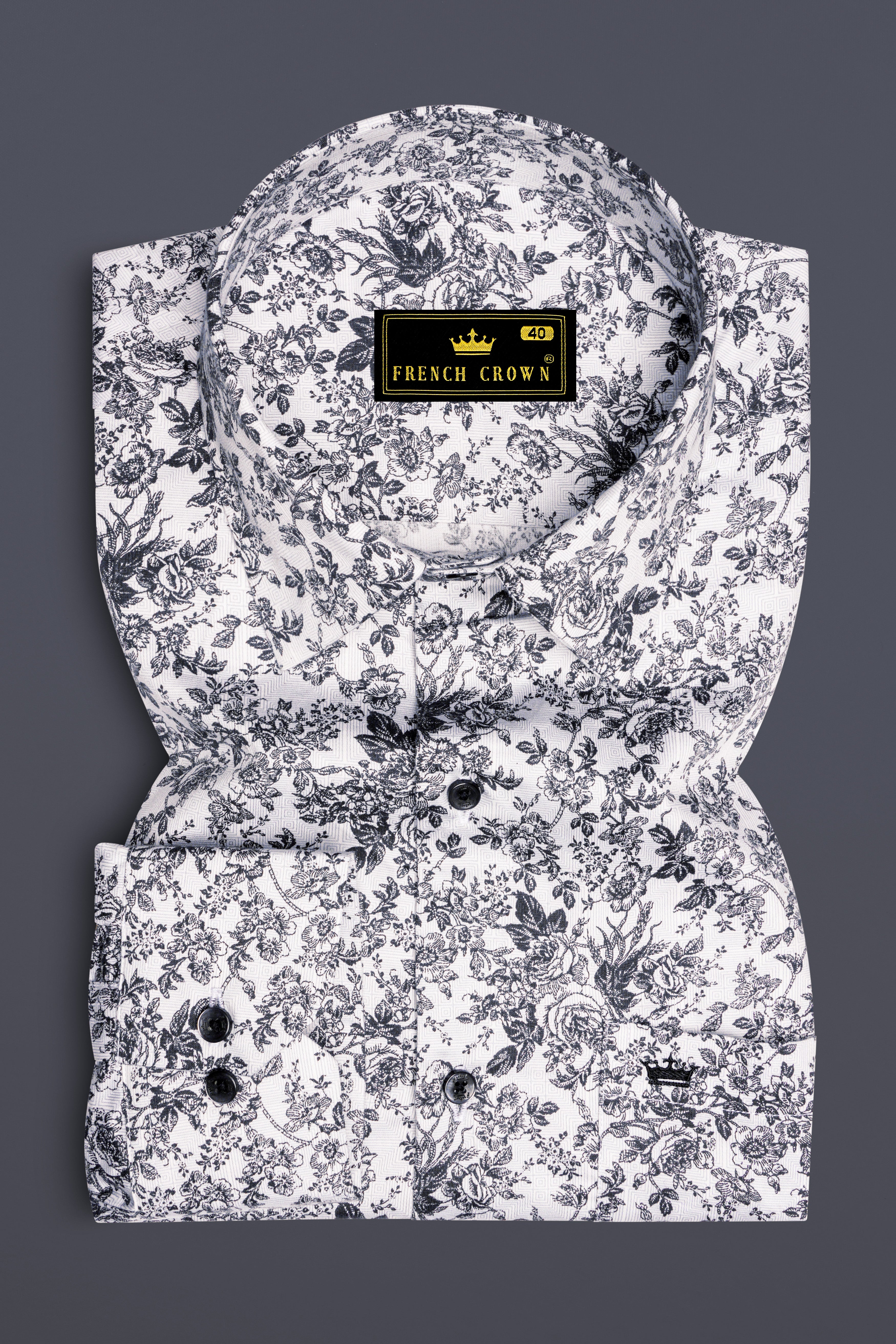 Biancora-Bright White And Jade Black Floral Printed Subtle Sheen Super Soft Premium Cotton Casual Shirt
