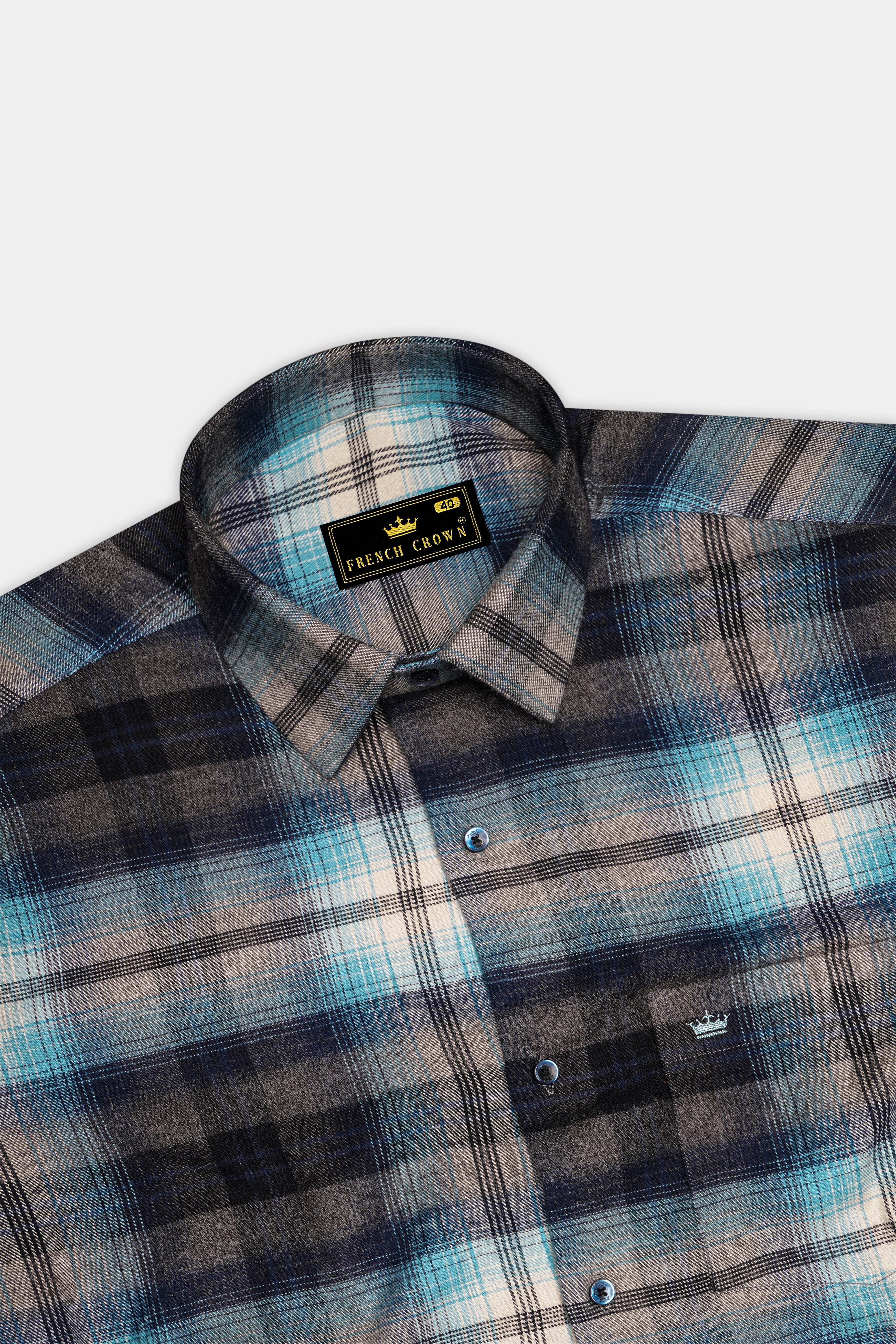 Bianoro-Cinder Blue And Antique Cream Plaid Heavyweight Super Soft Premium Flannel Cotton Casual Shirt