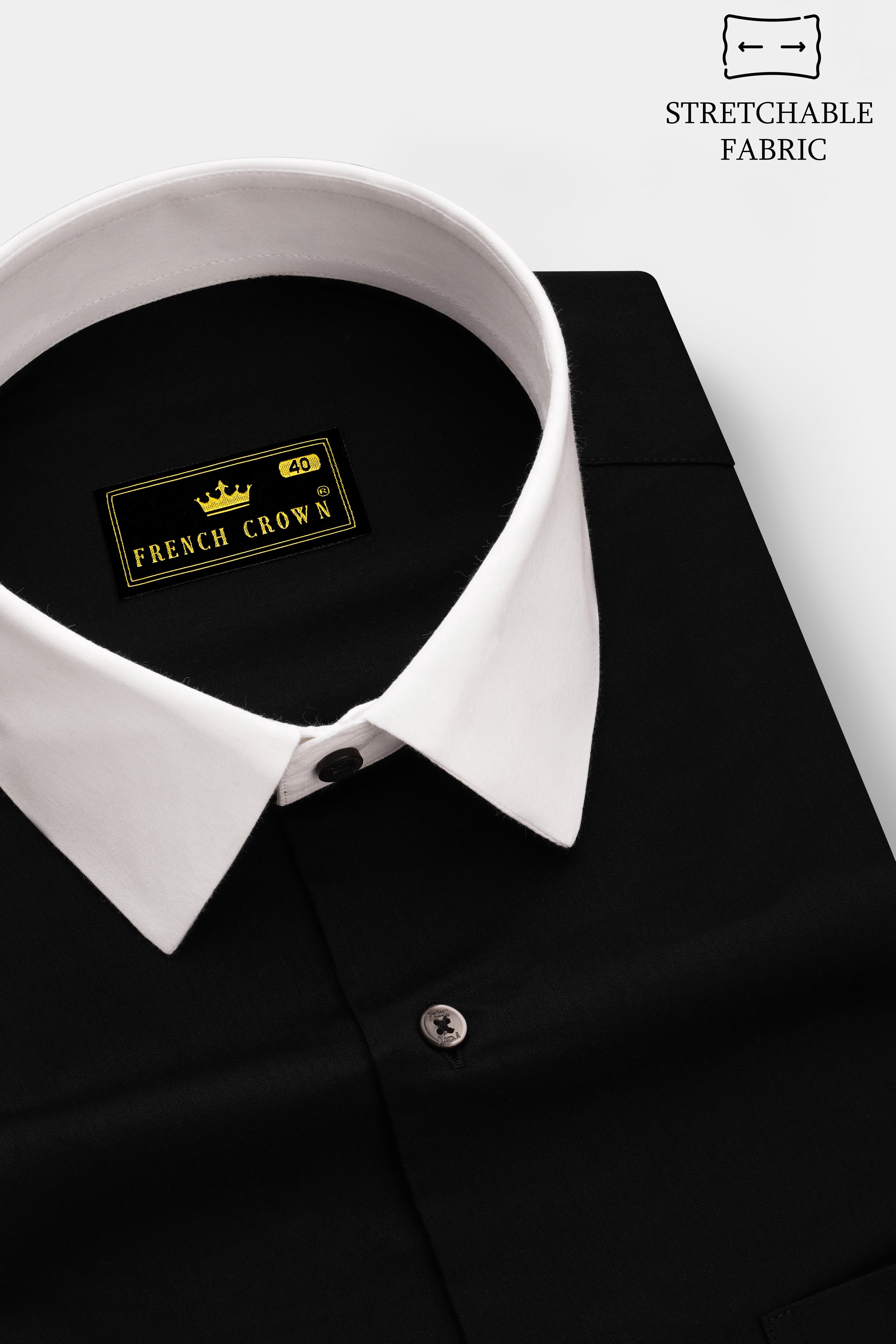 Nerbian-Jade Black Stretchable Twill Premium Cotton White Cuff Collar Dress Shirt