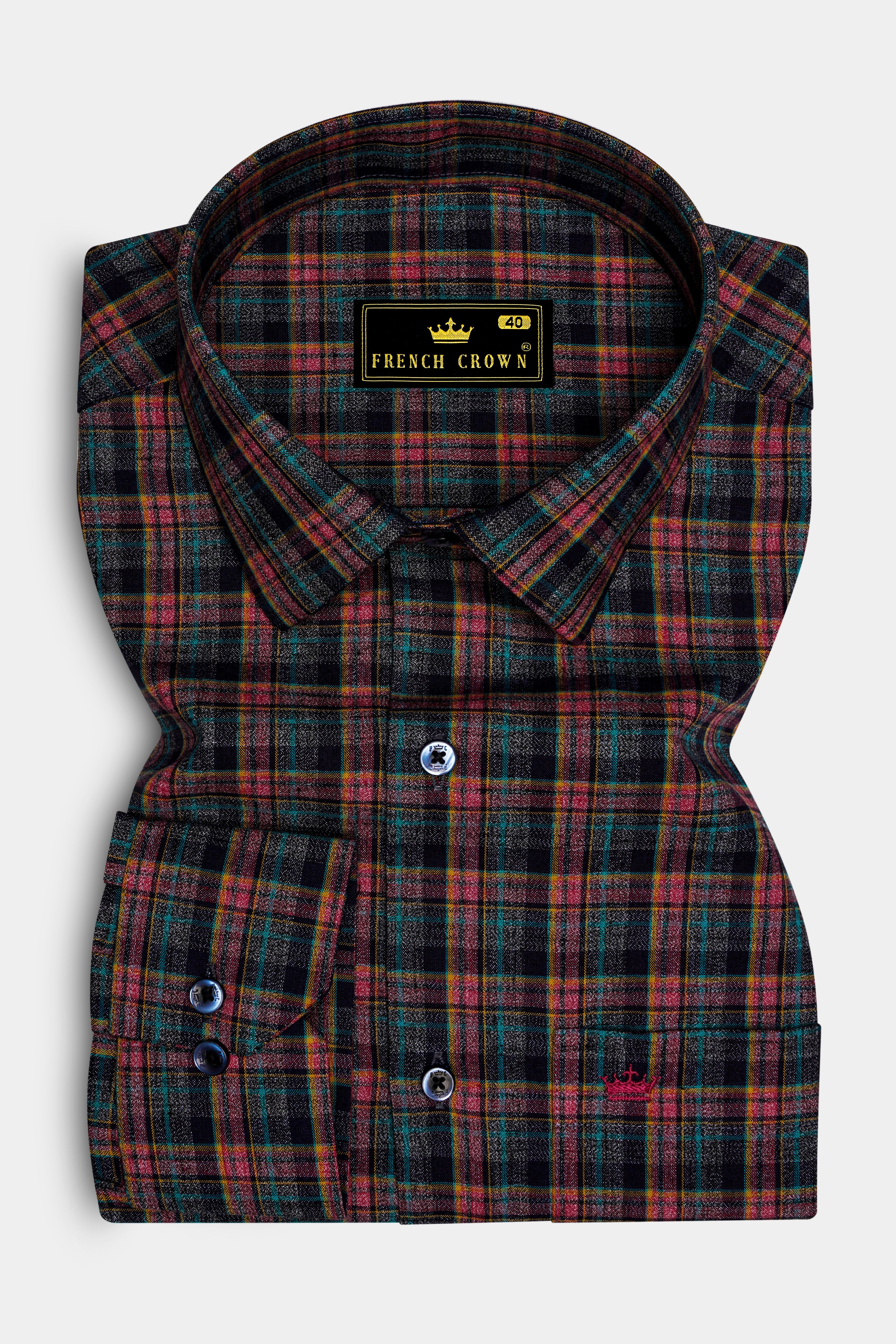 Rubenzo-Bole Red And Petrol Blue Plaid Dobby Textured Premium Cotton Dress Shirt