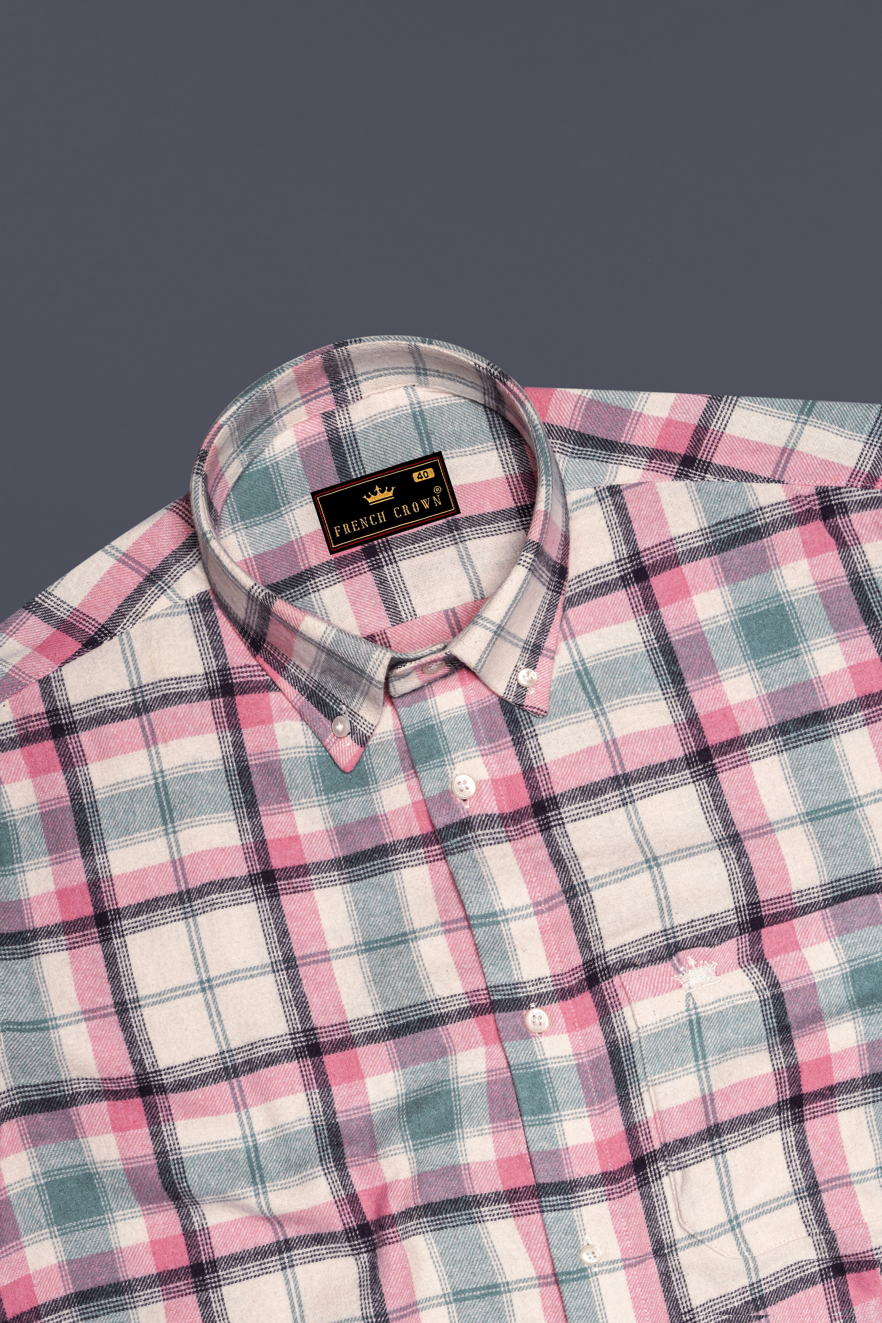 Rosavon-Thulian Pink And Vanilla Cream Plaid Heavyweight Premium Flannel Cotton Casual Shirt