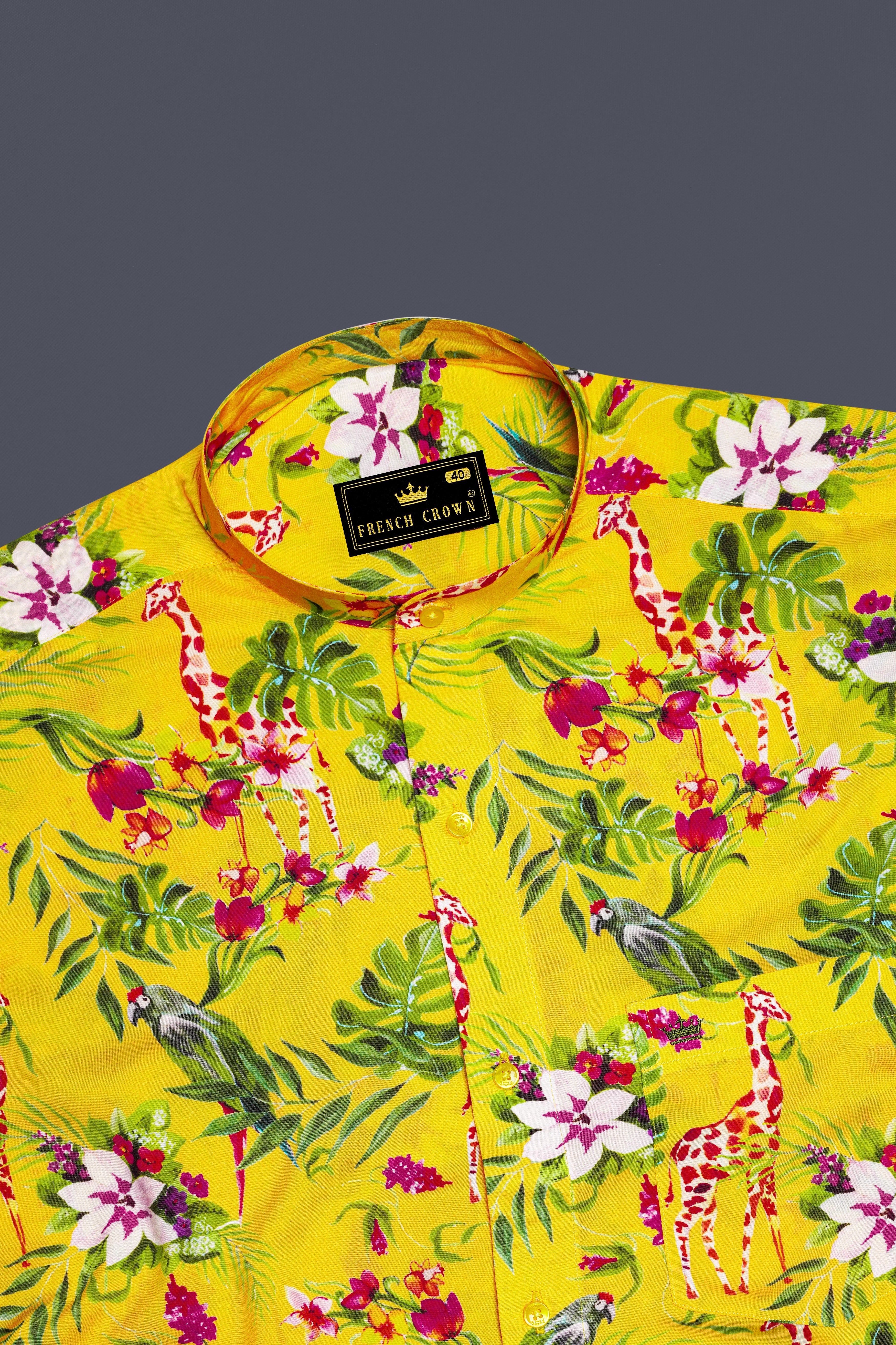 Aurevia-Supernova Yellow And Mustard Green Floral Printed Light weight Premium Giza Cotton Casual Shirt