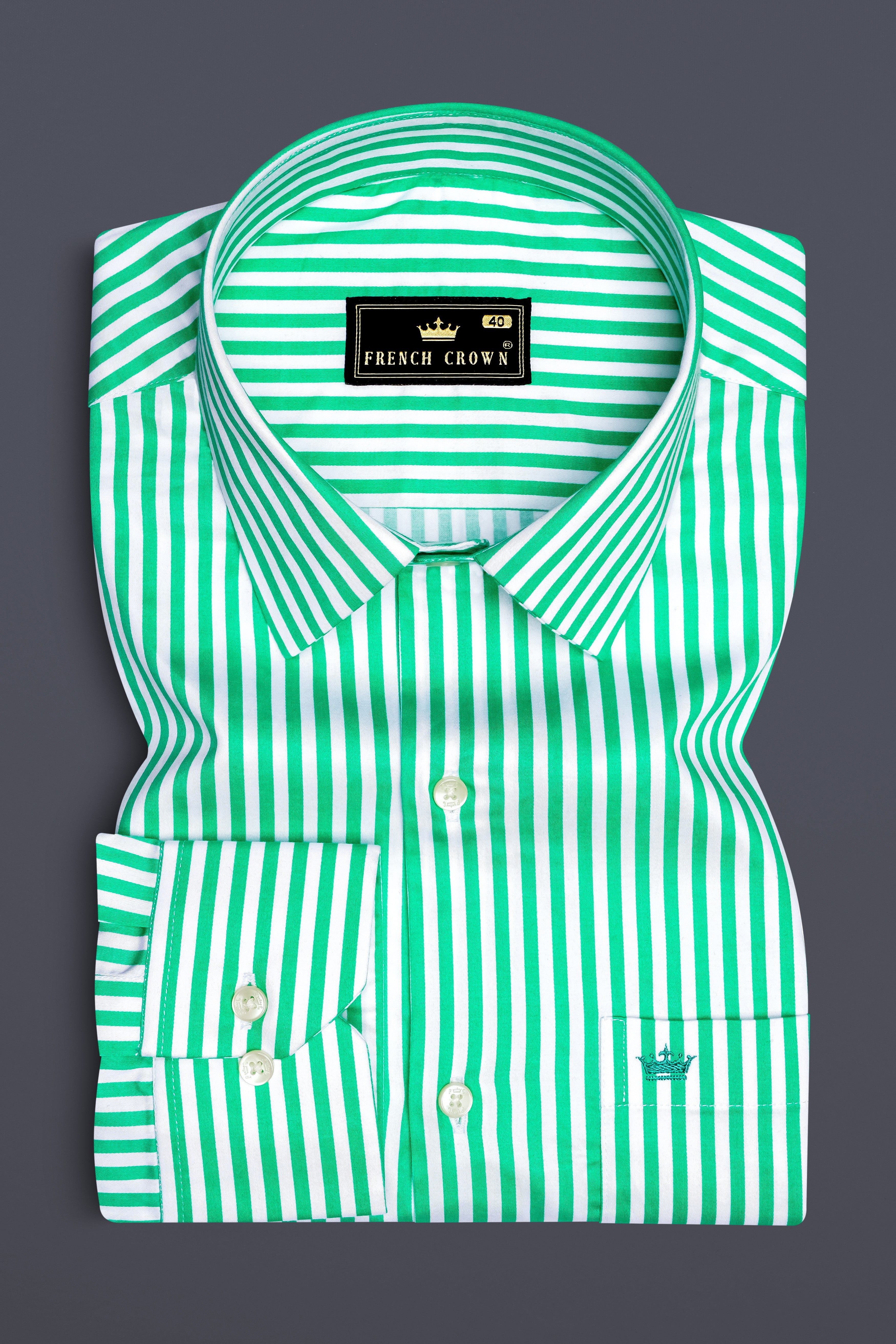 Virenza-Tealish Green And Bright White Candy Striped Subtle Sheen Super Soft Premium Cotton Dress Shirt