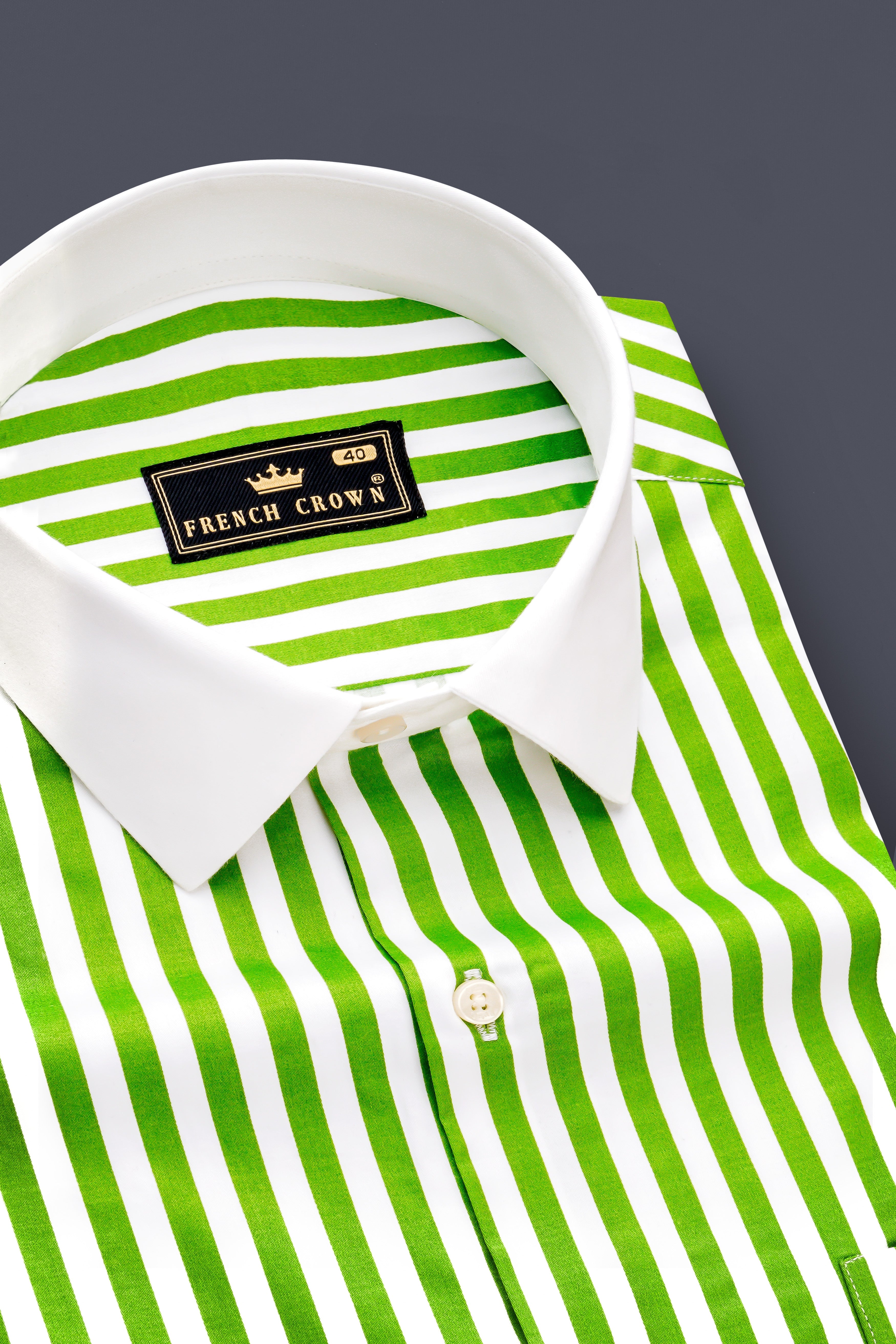 Lustrivon-Citrus Green And Bright White Candy Striped Subtle Sheen Super Soft Premium Cotton White Cuff Collar Dress Shirt