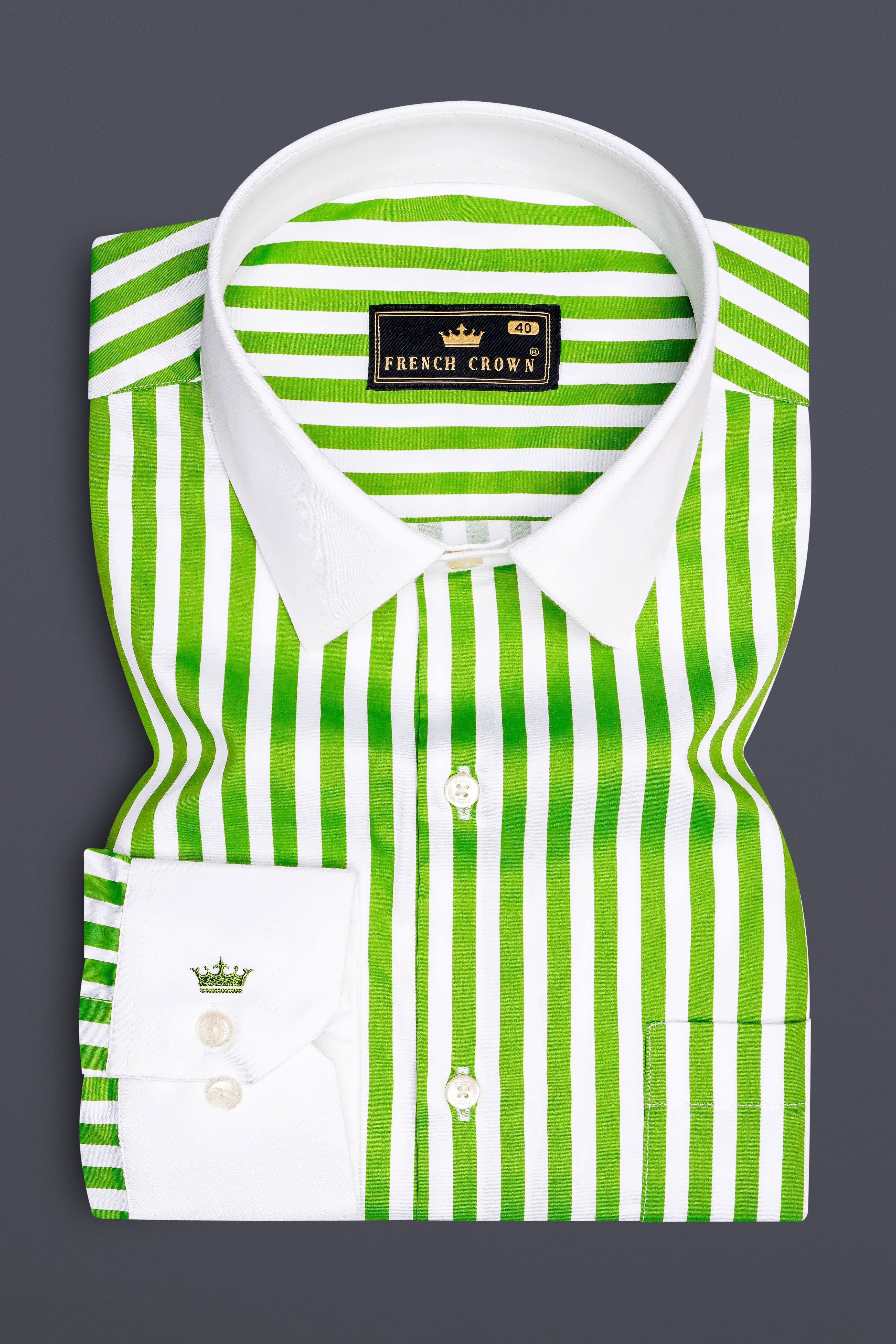 Lustrivon-Citrus Green And Bright White Candy Striped Subtle Sheen Super Soft Premium Cotton White Cuff Collar Dress Shirt