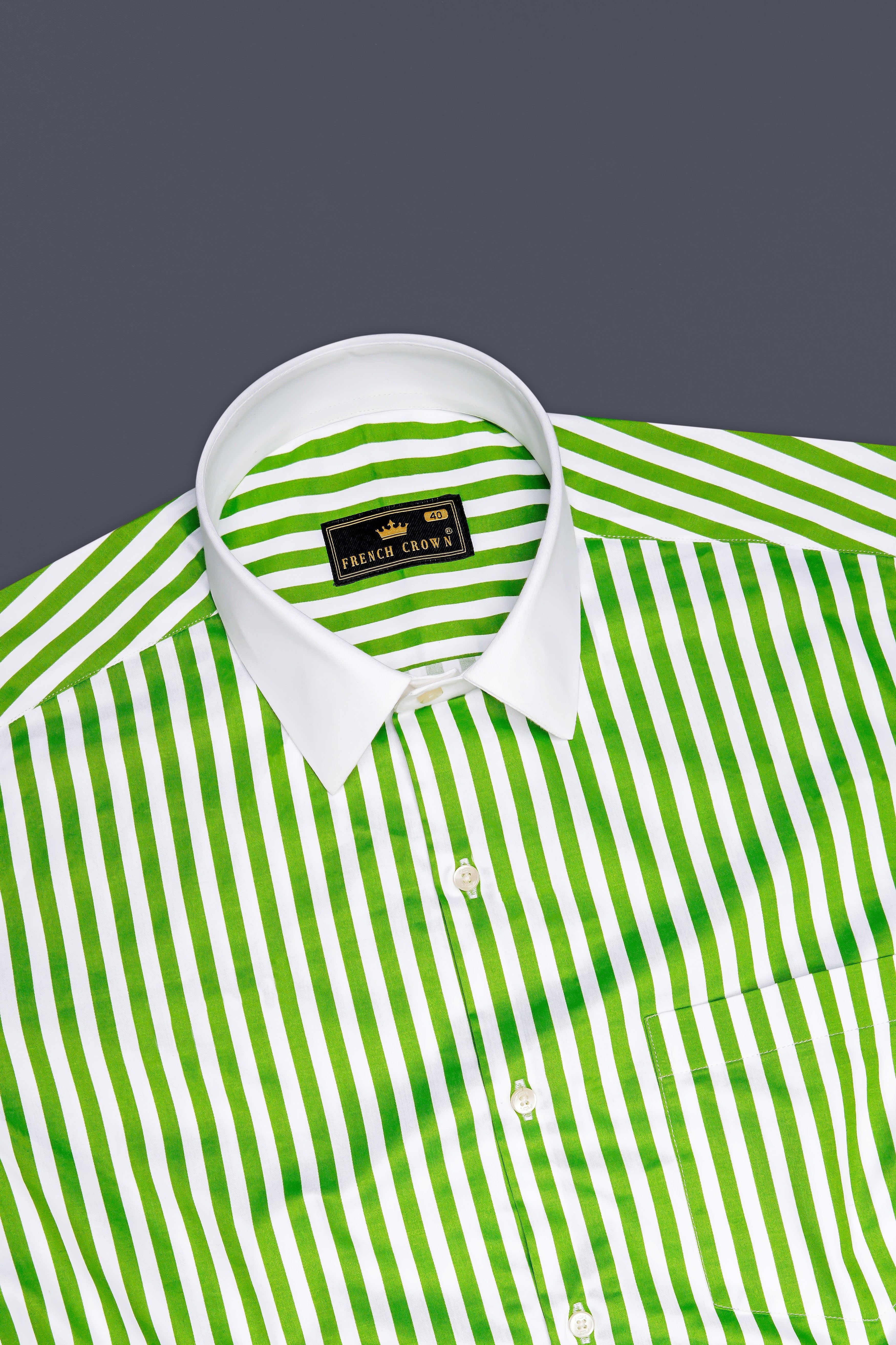 Lustrivon-Citrus Green And Bright White Candy Striped Subtle Sheen Super Soft Premium Cotton White Cuff Collar Dress Shirt