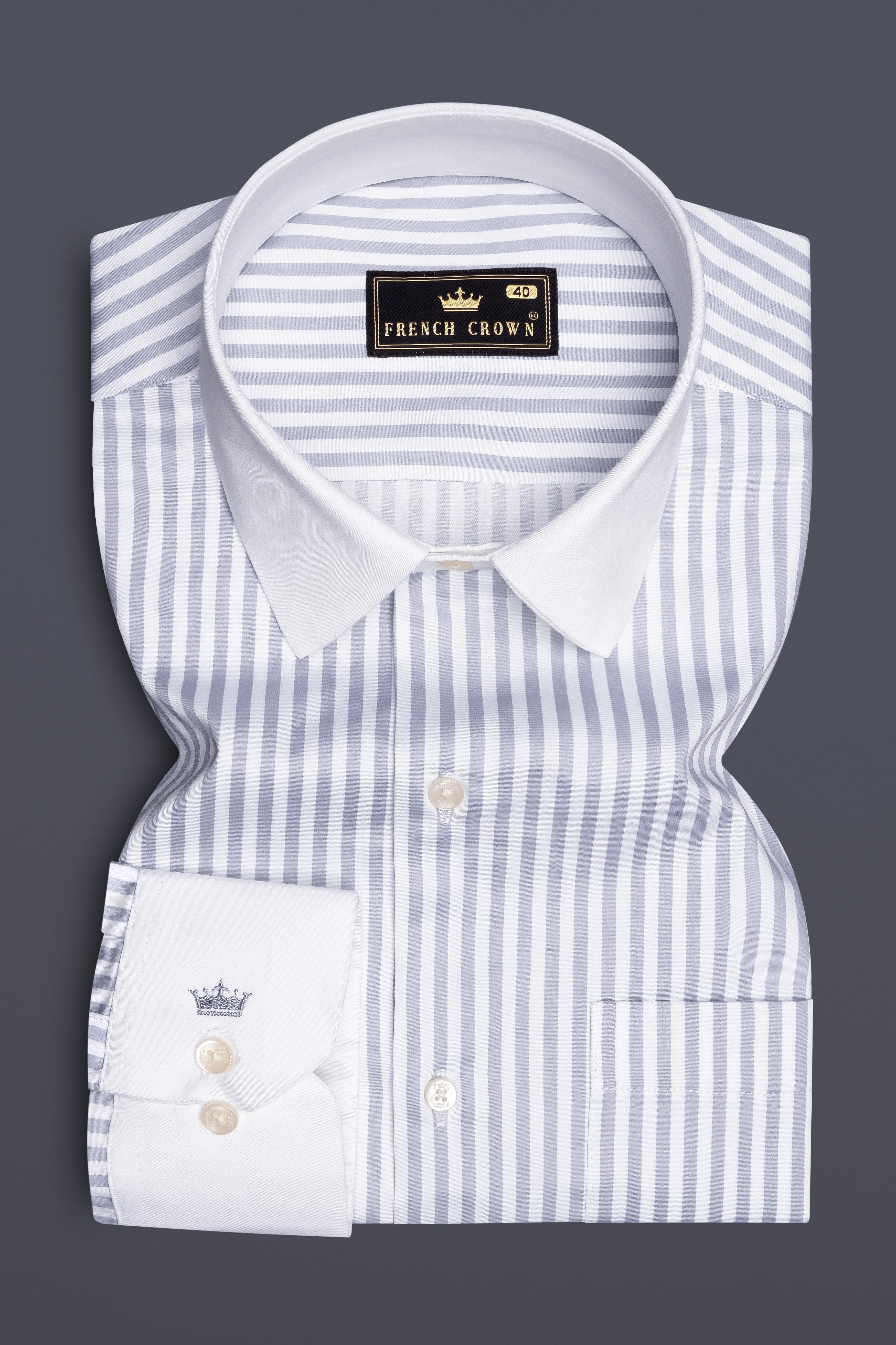Strivaro-Aluminium Gray And Bright White Candy Striped Subtle Sheen Super Soft Premium Cotton Cuff Collar Dress Shirt