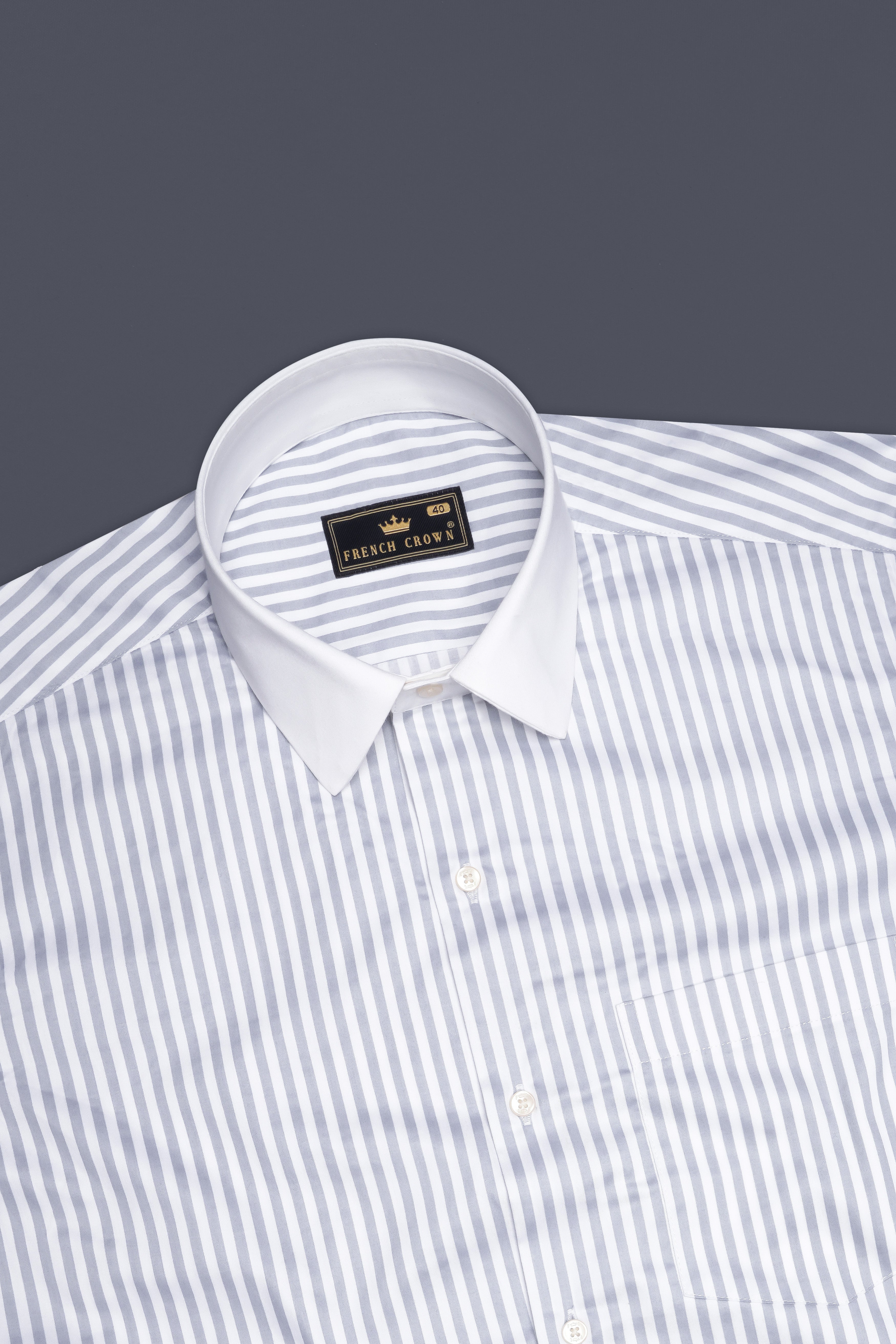 Strivaro-Aluminium Gray And Bright White Candy Striped Subtle Sheen Super Soft Premium Cotton Cuff Collar Dress Shirt