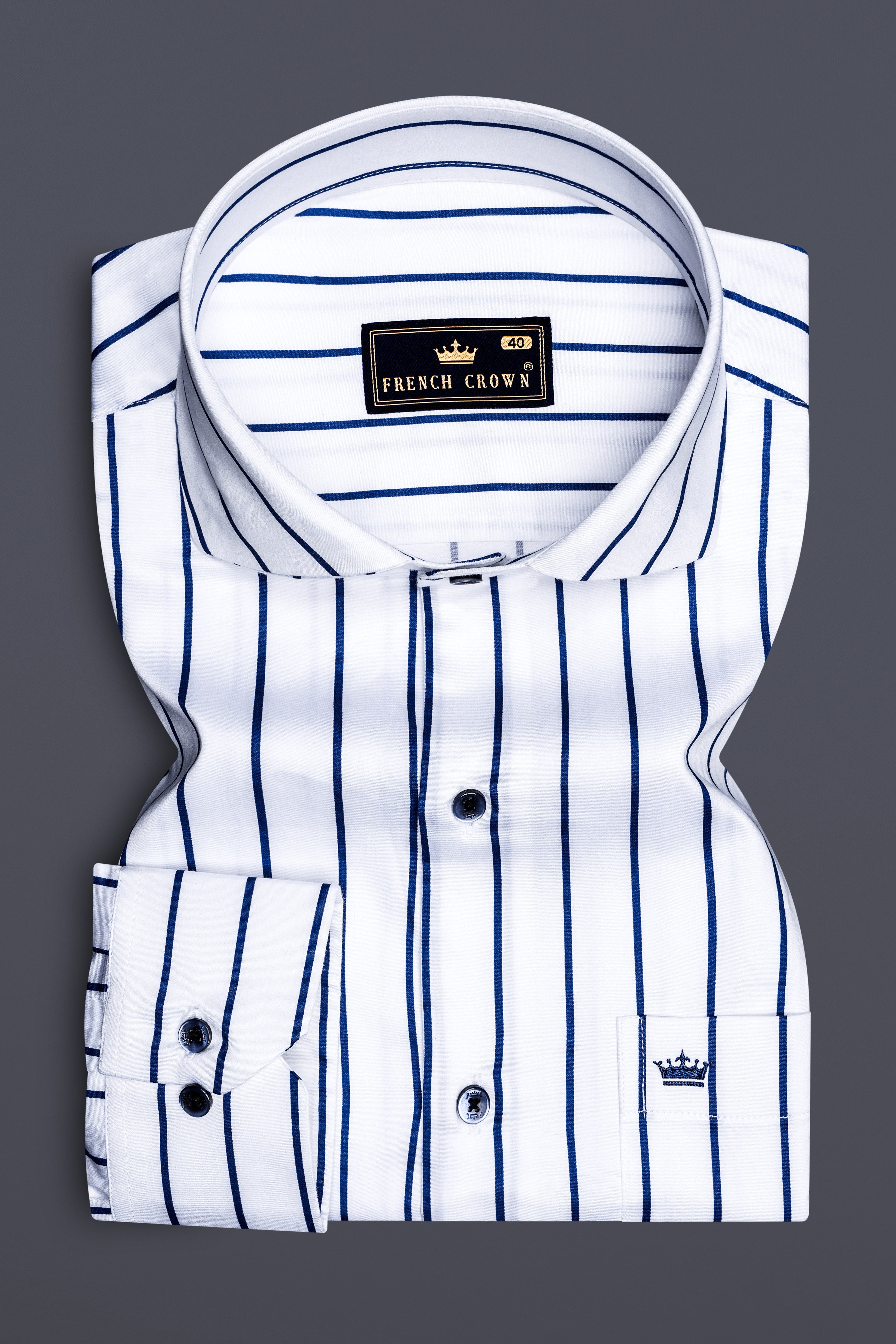 Lustrivon-Bright White And Downriver Blue Pin Striped Subtle Sheen Super Soft Premium Cotton Cut Away Collar Dress Shirt