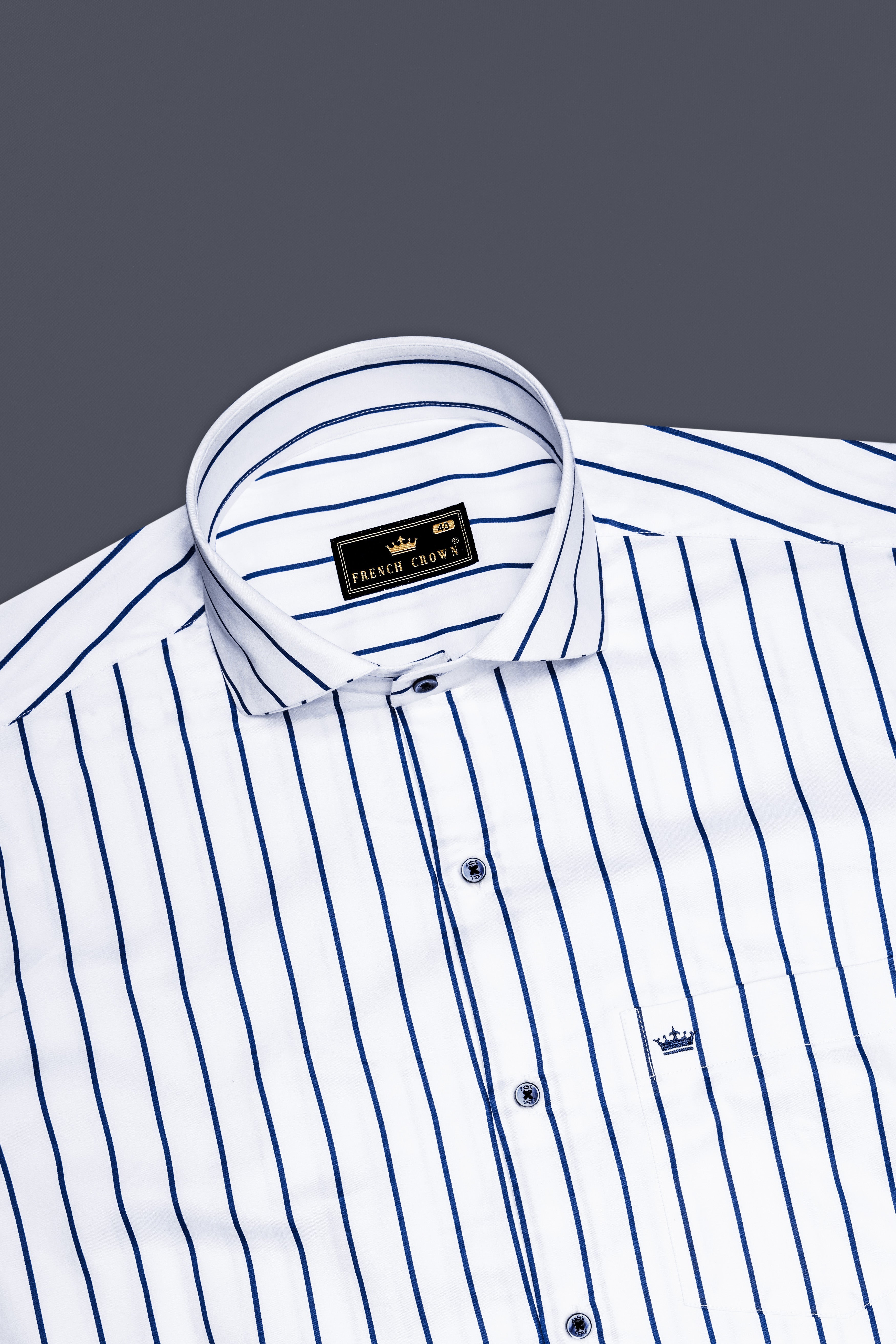 Lustrivon-Bright White And Downriver Blue Pin Striped Subtle Sheen Super Soft Premium Cotton Cut Away Collar Dress Shirt