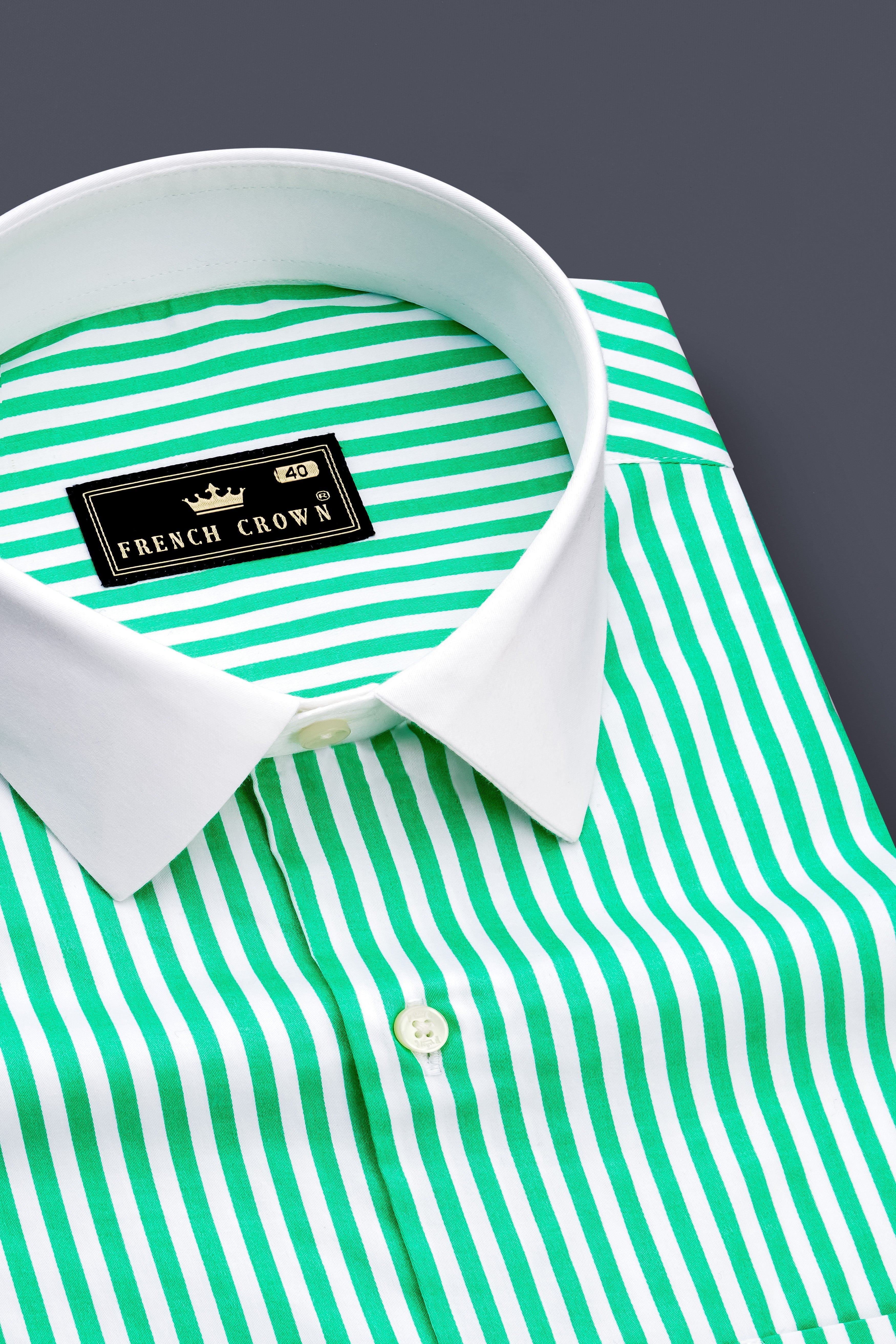 Virenza-Tealish Green And Bright White Candy Striped Subtle Sheen Super Soft Premium Cotton Cuff Collar Dress Shirt