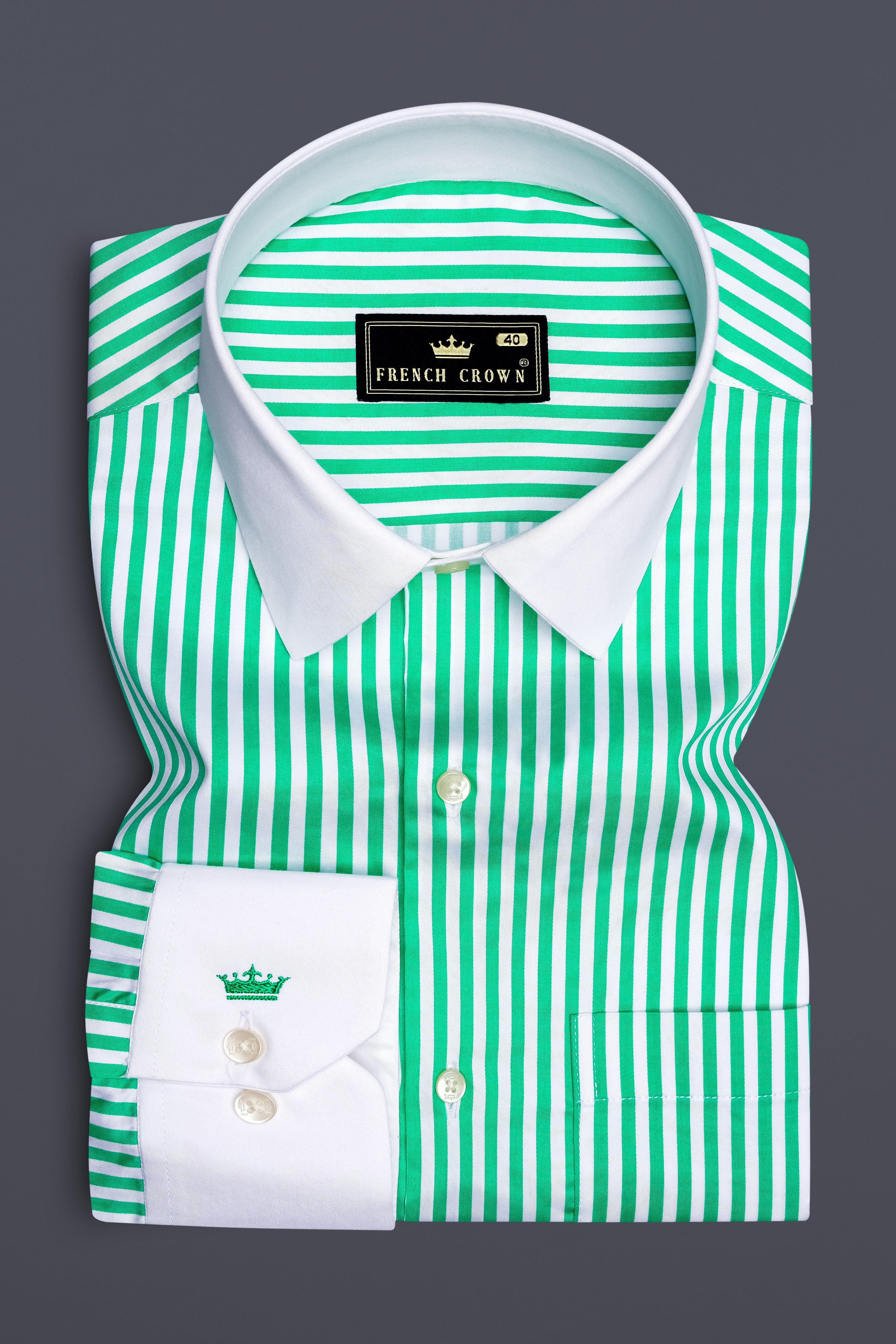 Virenza-Tealish Green And Bright White Candy Striped Subtle Sheen Super Soft Premium Cotton Cuff Collar Dress Shirt