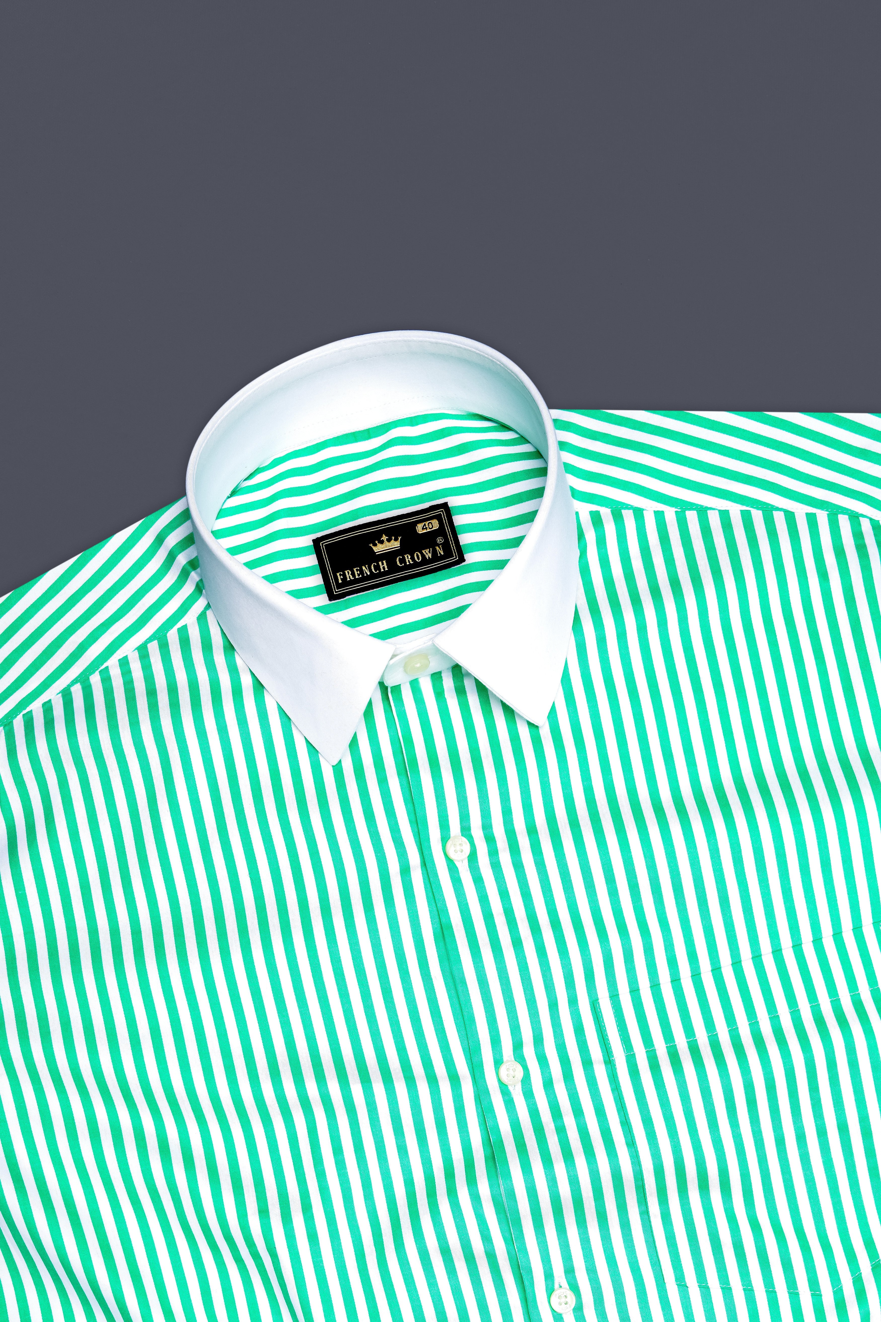 Virenza-Tealish Green And Bright White Candy Striped Subtle Sheen Super Soft Premium Cotton Cuff Collar Dress Shirt
