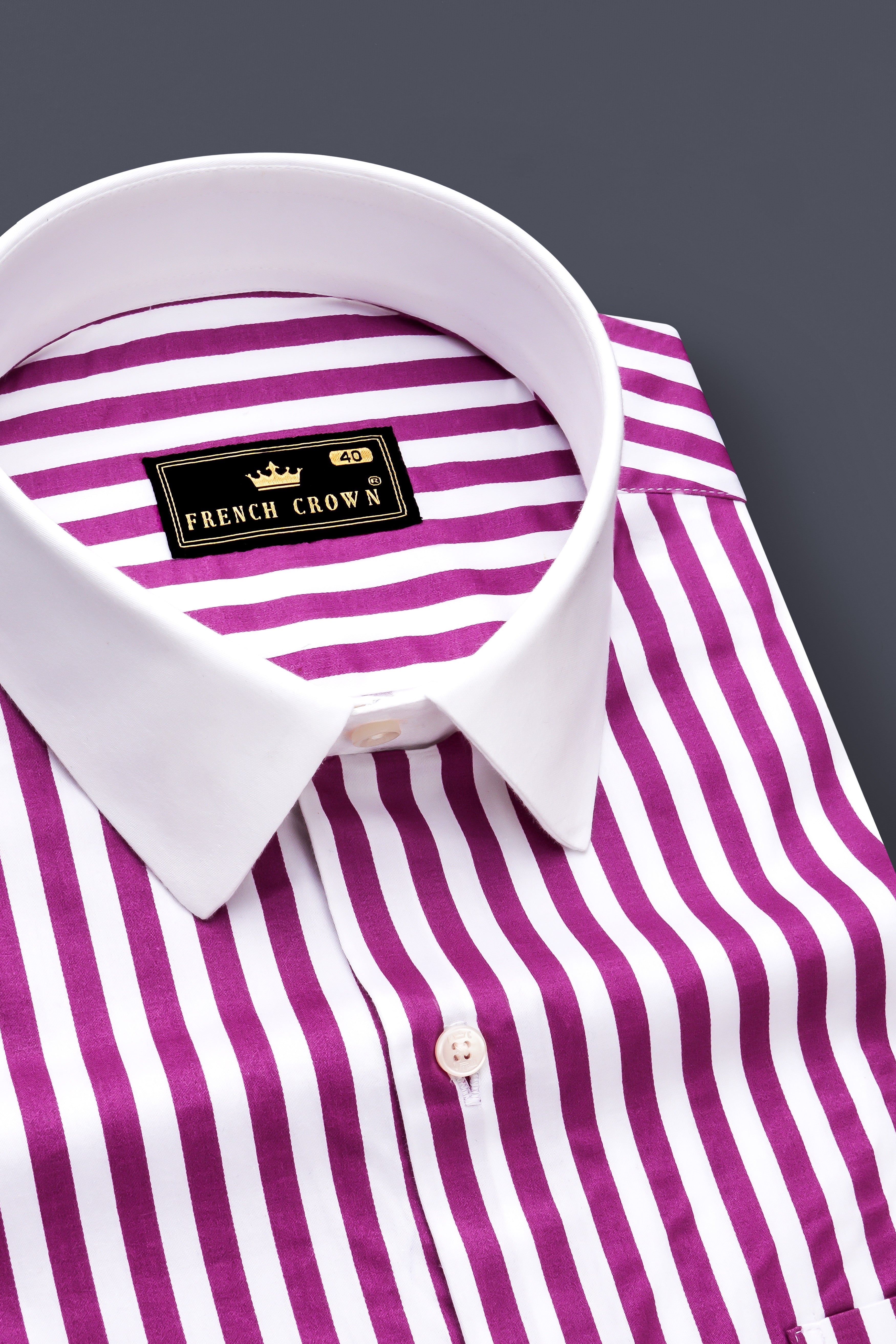Candrosa-Fuchsia Purple And Bright White Candy Striped Subtle Sheen Super Soft Premium Cotton Cuff Collar Dress Shirt
