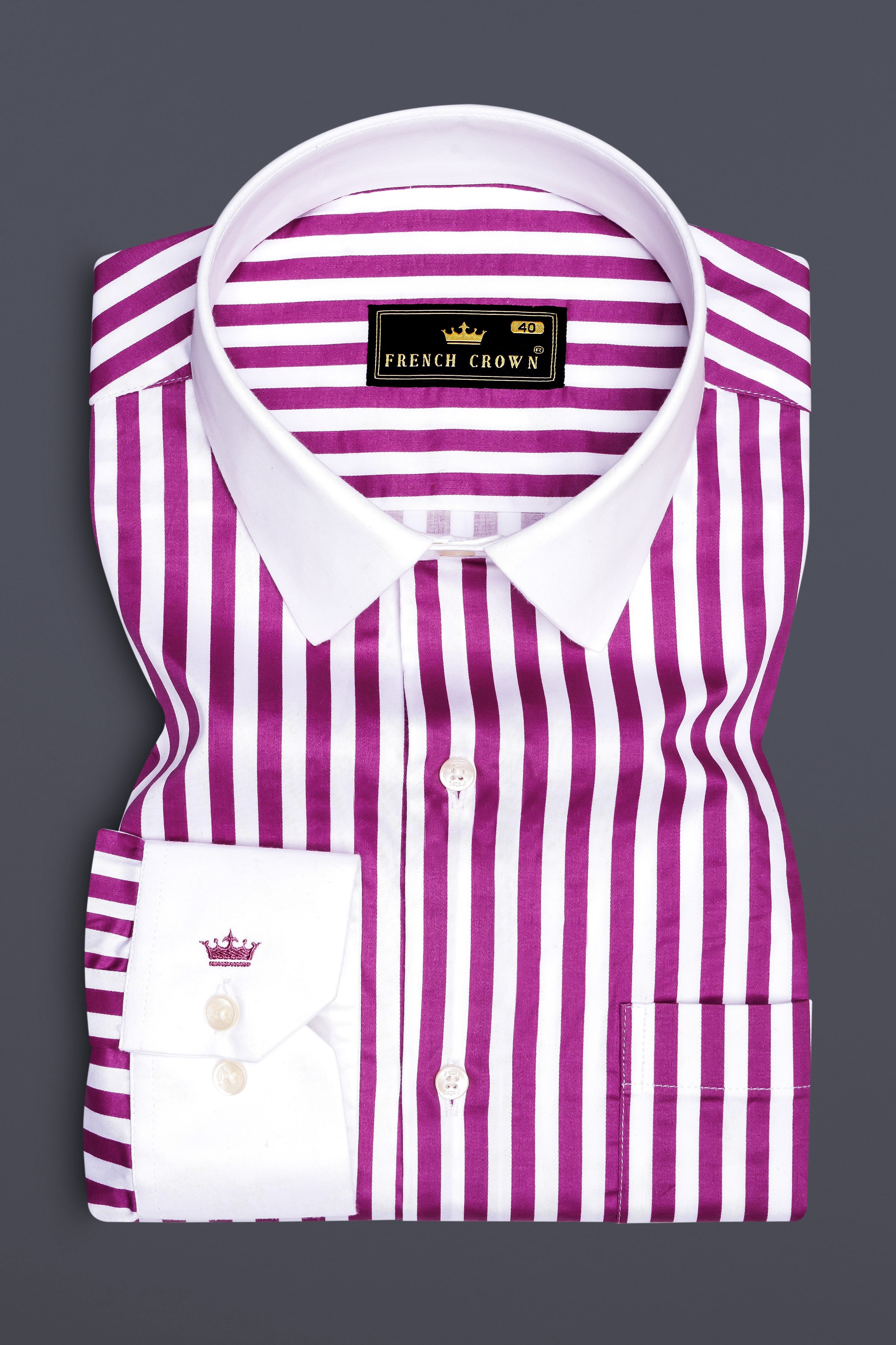 Candrosa-Fuchsia Purple And Bright White Candy Striped Subtle Sheen Super Soft Premium Cotton Cuff Collar Dress Shirt