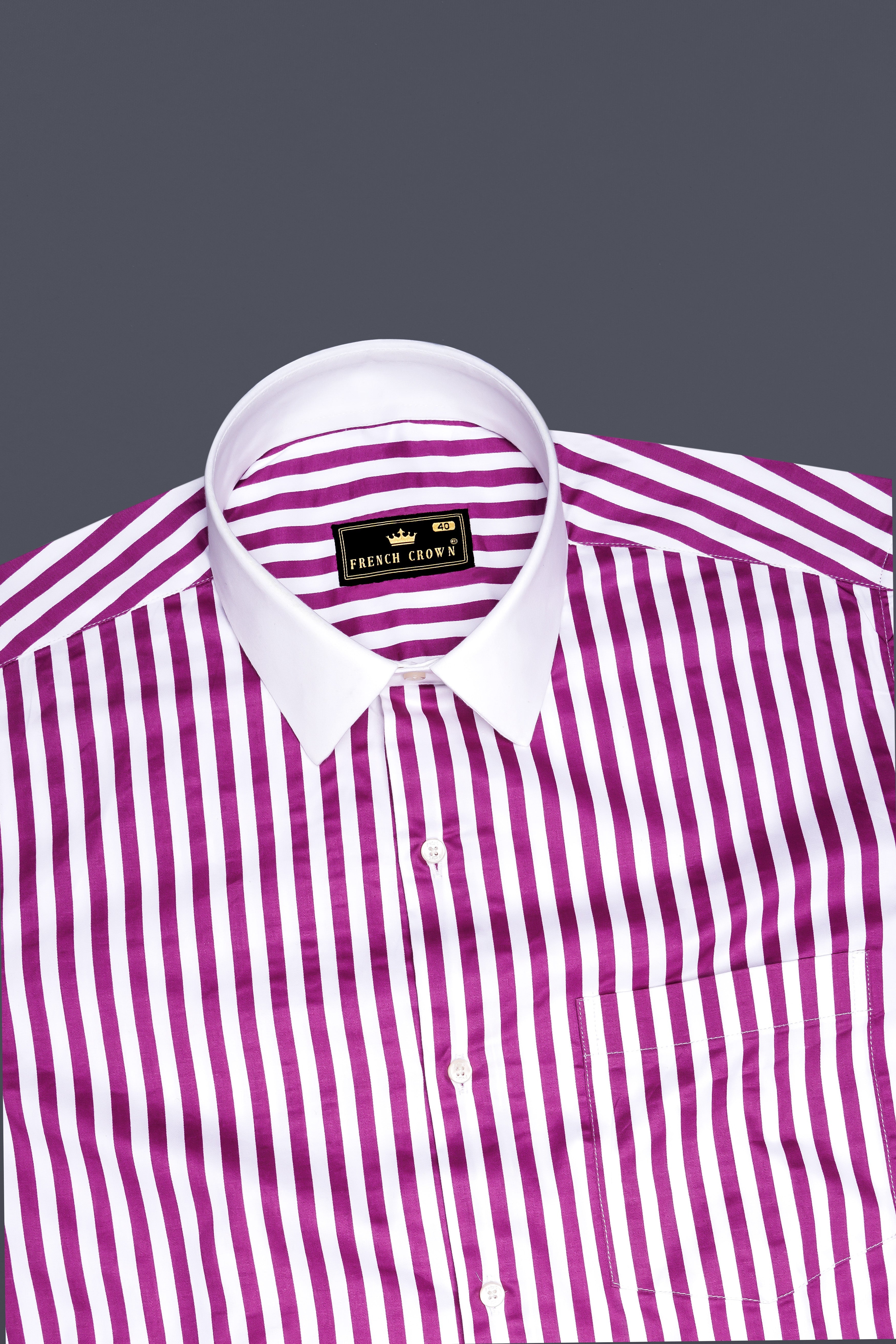 Candrosa-Fuchsia Purple And Bright White Candy Striped Subtle Sheen Super Soft Premium Cotton Cuff Collar Dress Shirt