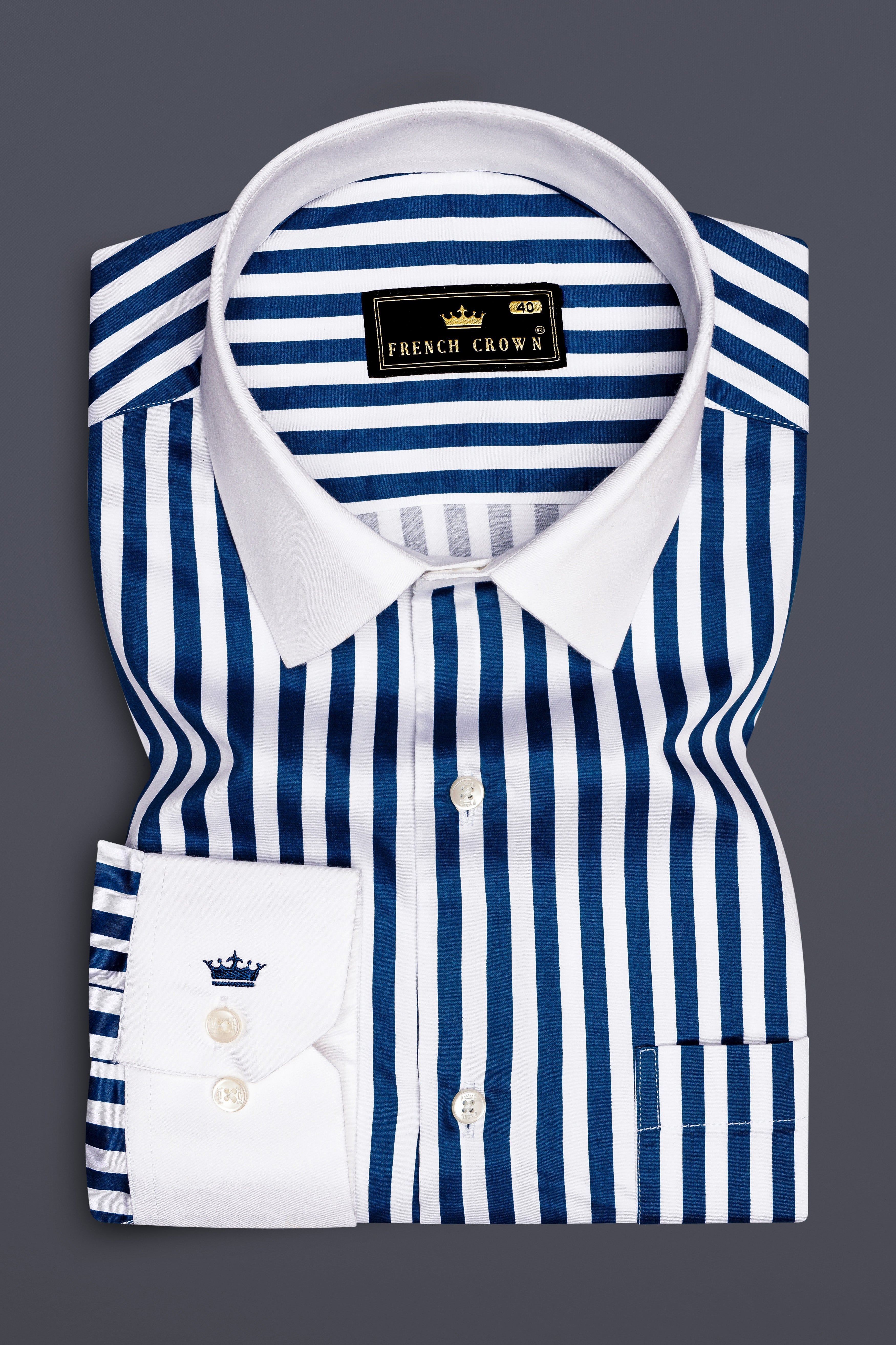Azzorio-Catalina Blue And Bright White Candy Striped Subtle Sheen Super Soft Premium Cotton Cuff Collar Dress Shirt