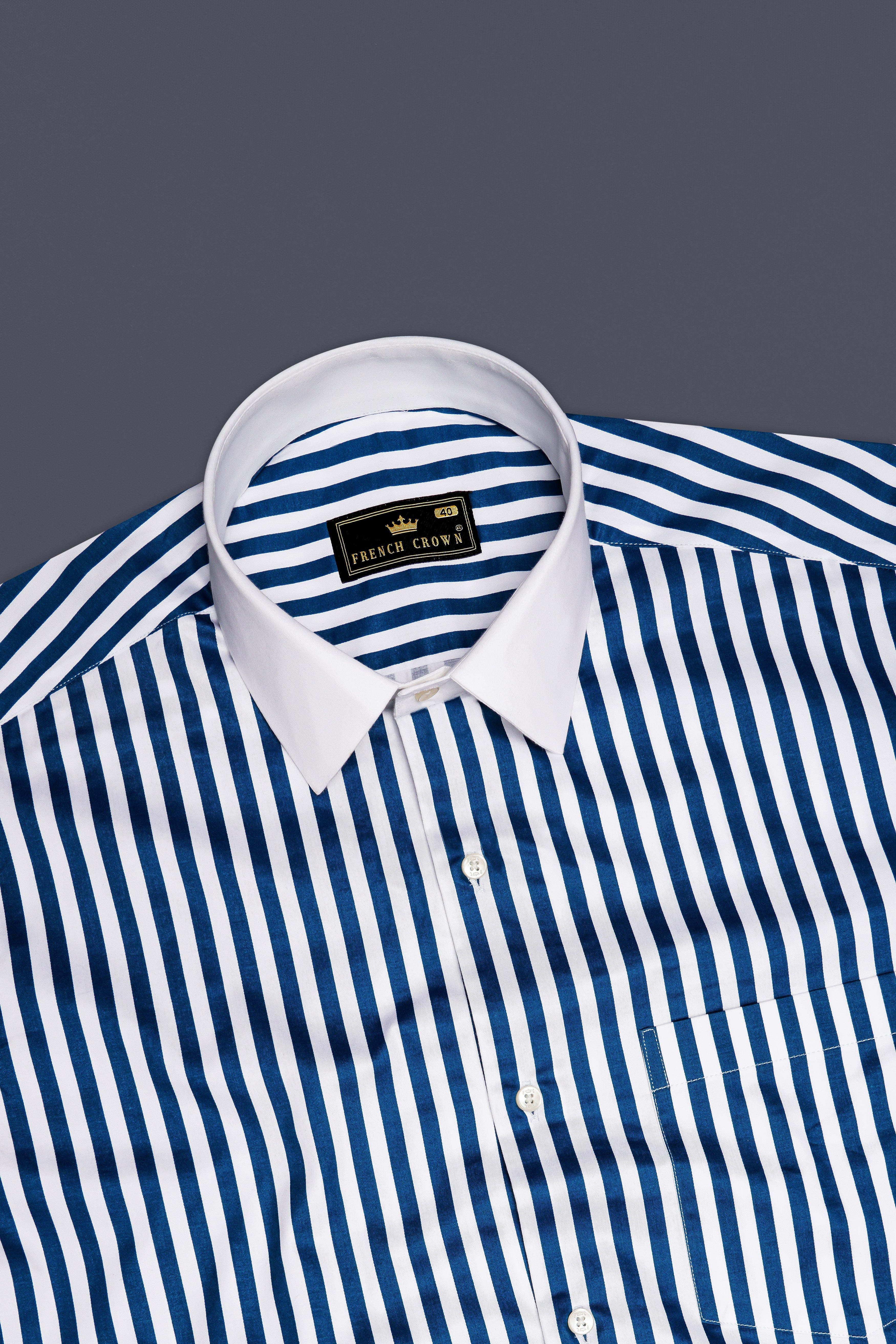 Azzorio-Catalina Blue And Bright White Candy Striped Subtle Sheen Super Soft Premium Cotton Cuff Collar Dress Shirt