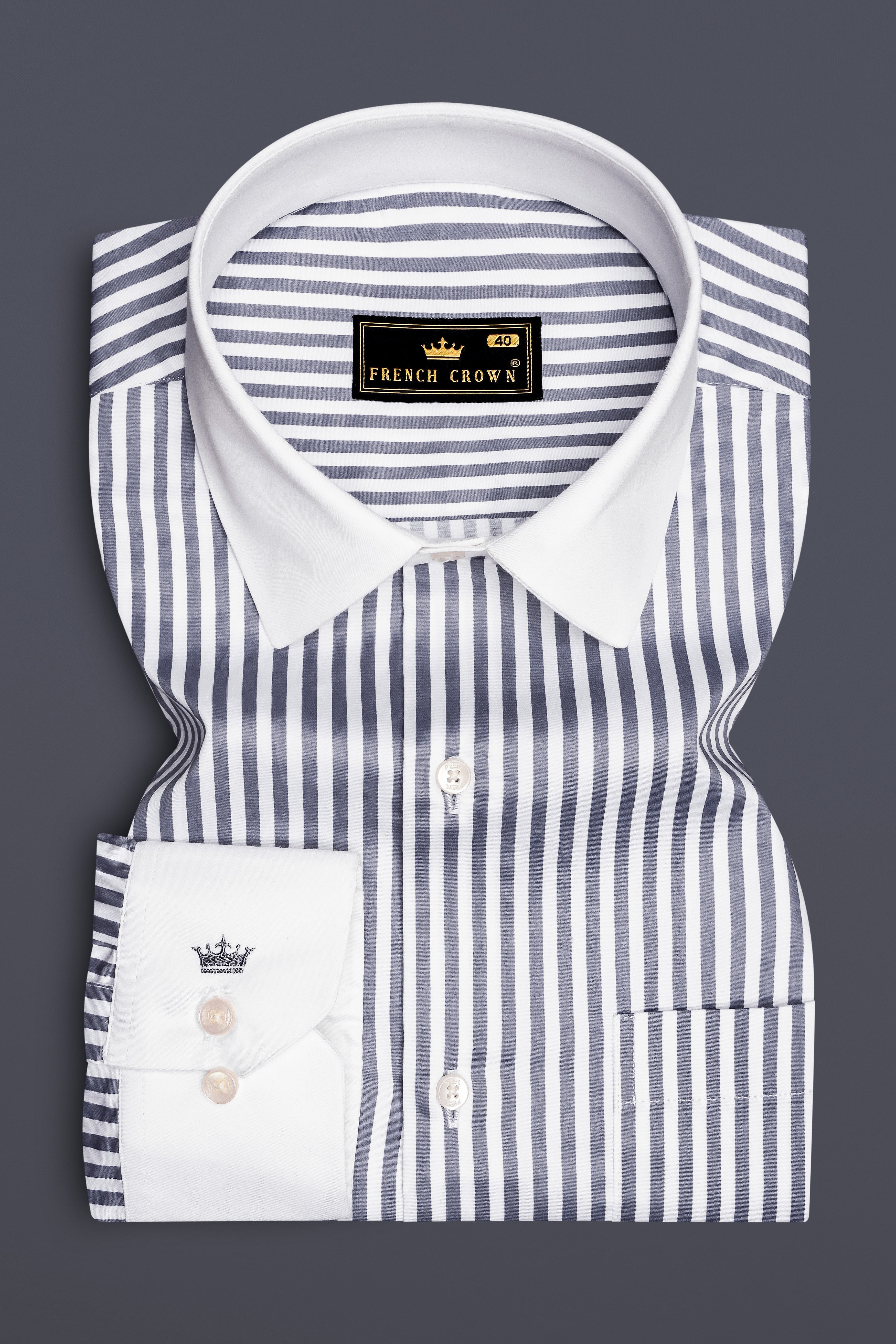 Cinerra-Amethyst Gray And Bright White Striped Subtle Sheen Super Soft Premium Cotton Cuff Collar Dress Shirt