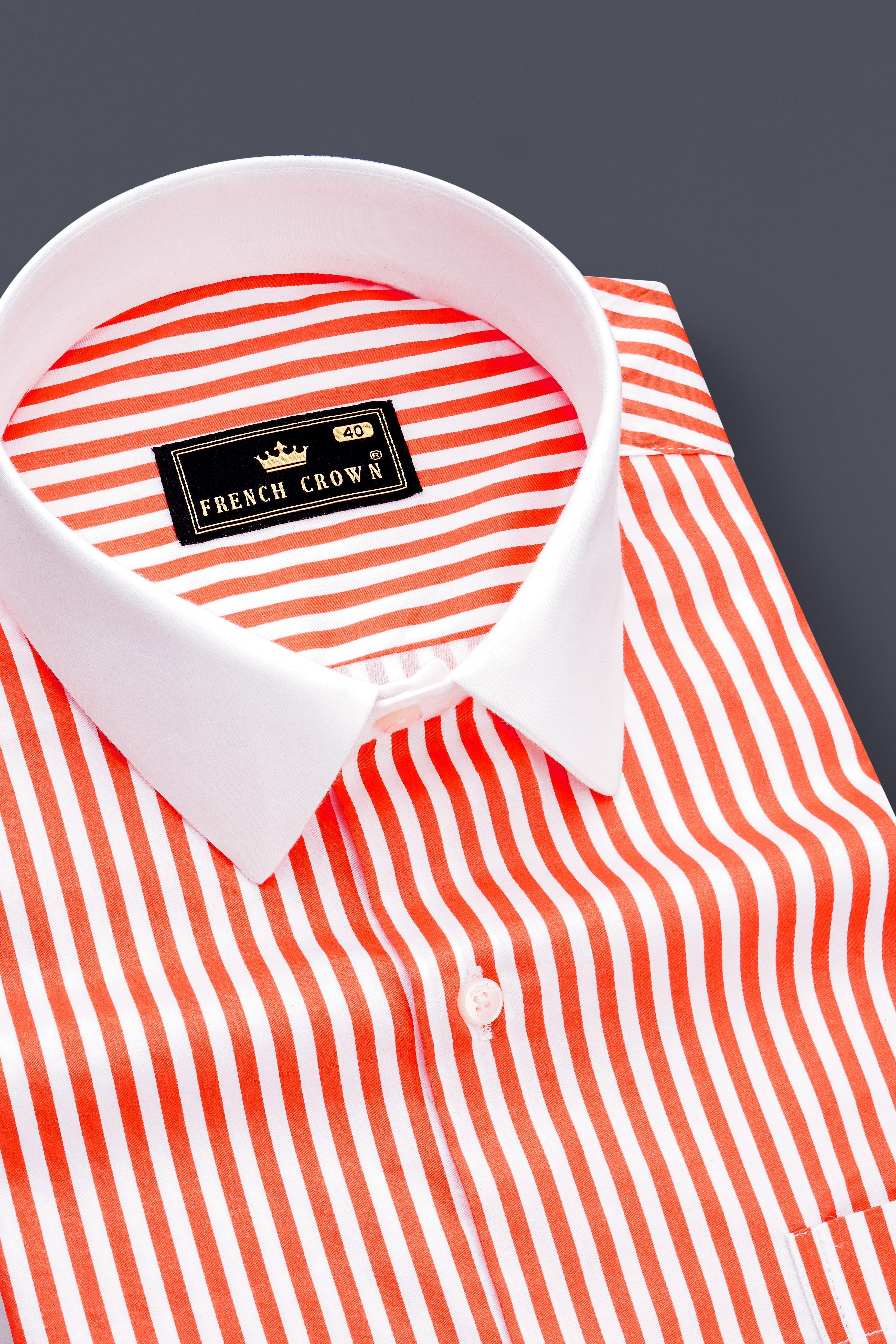 Arancio-Bittersweet Orange And Bright White Candy Striped Subtle Sheen Super Soft Premium Cotton Cuff Collar Dress Shirt