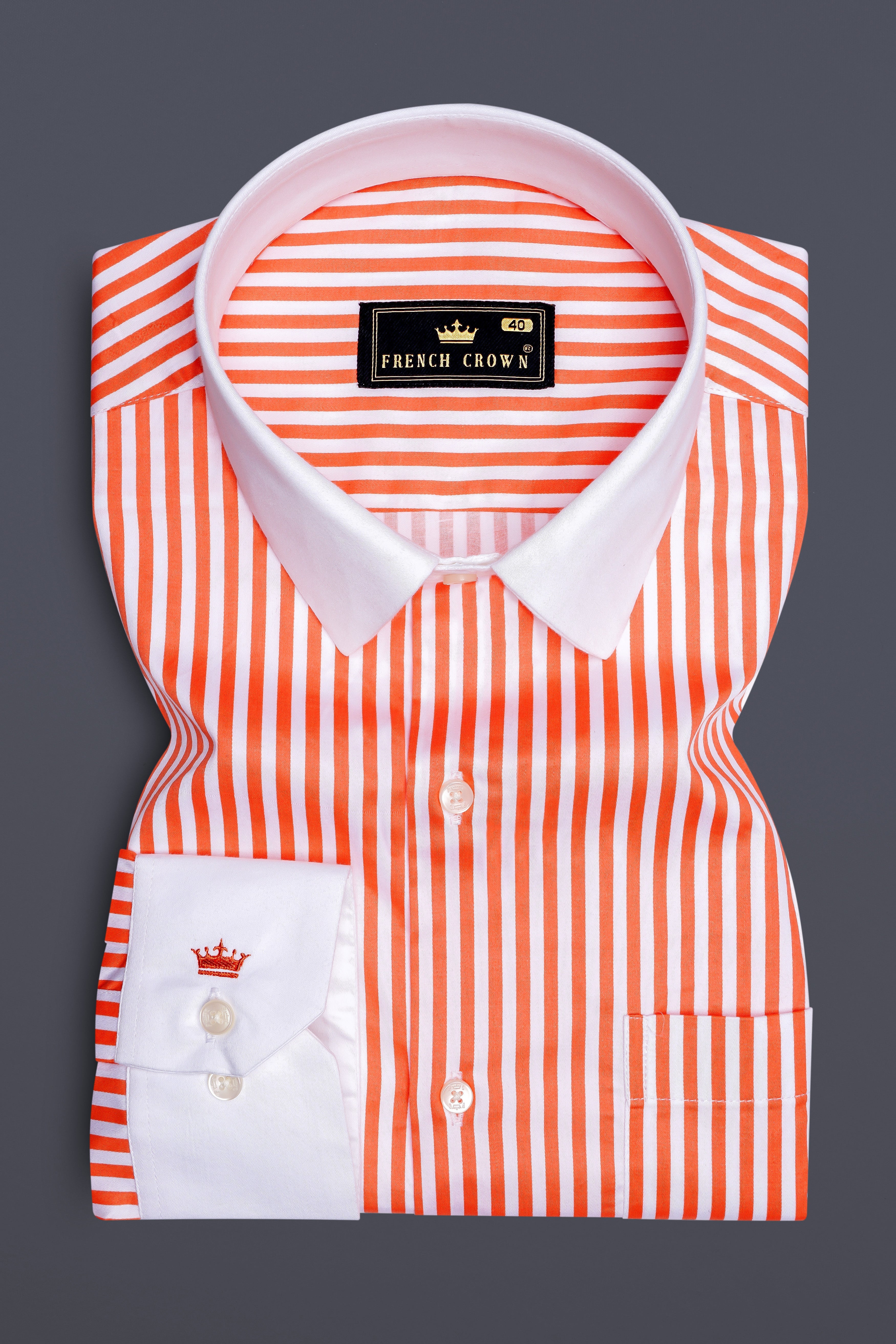 Arancio-Bittersweet Orange And Bright White Candy Striped Subtle Sheen Super Soft Premium Cotton Cuff Collar Dress Shirt