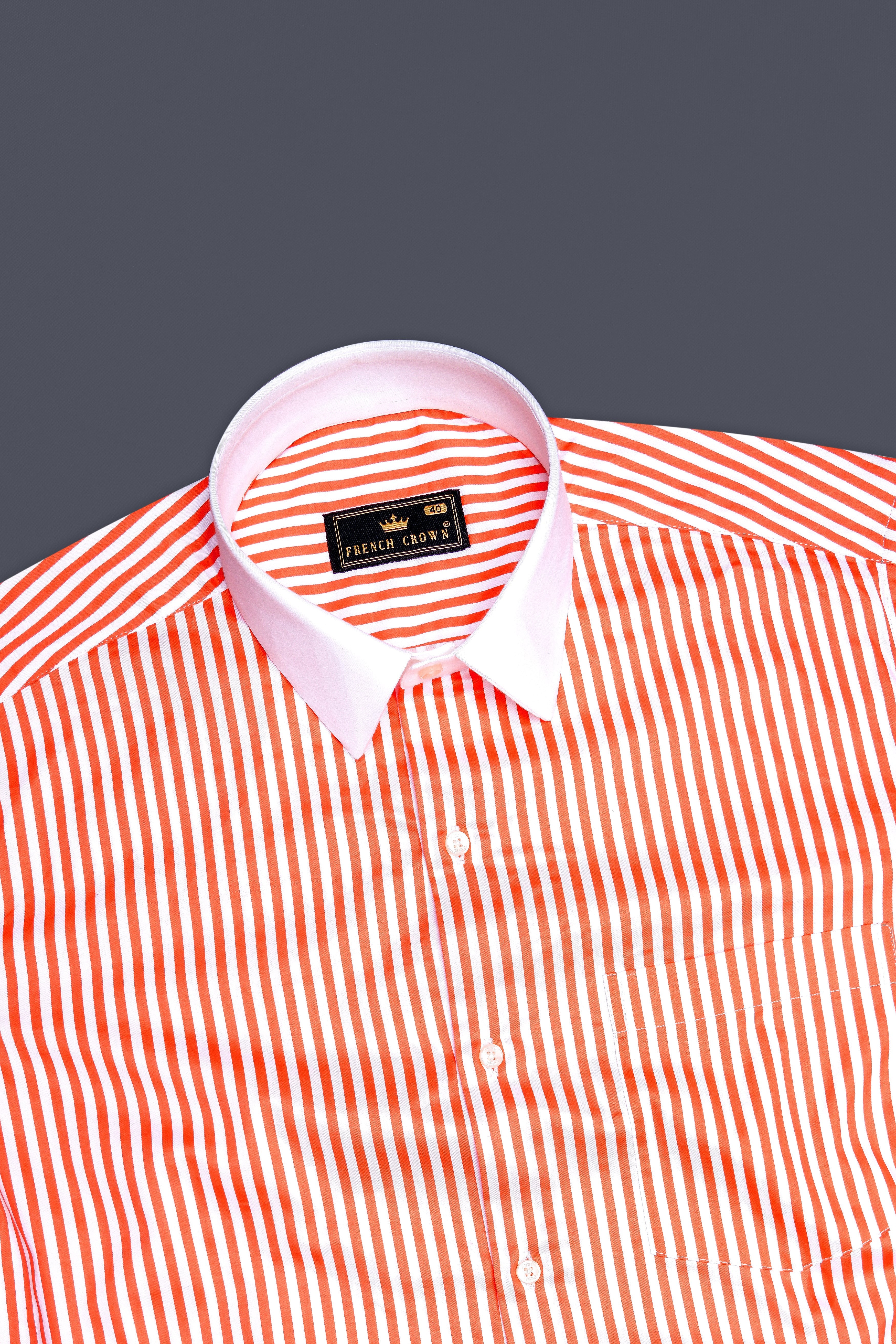 Arancio-Bittersweet Orange And Bright White Candy Striped Subtle Sheen Super Soft Premium Cotton Cuff Collar Dress Shirt