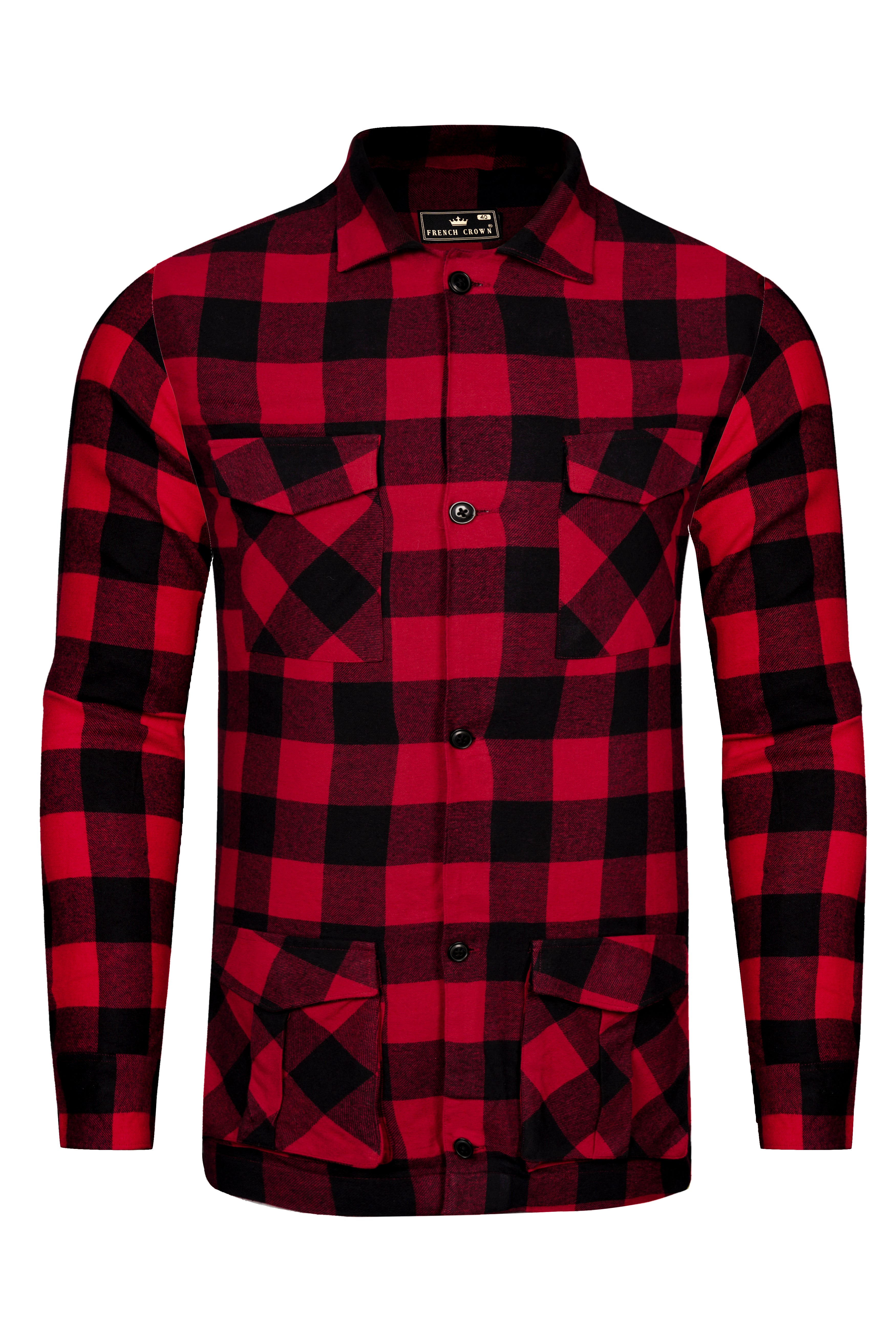 Flanvoro-Cornell Red And Jade Black Plaid Flannel Designer Overhirt/Shacket