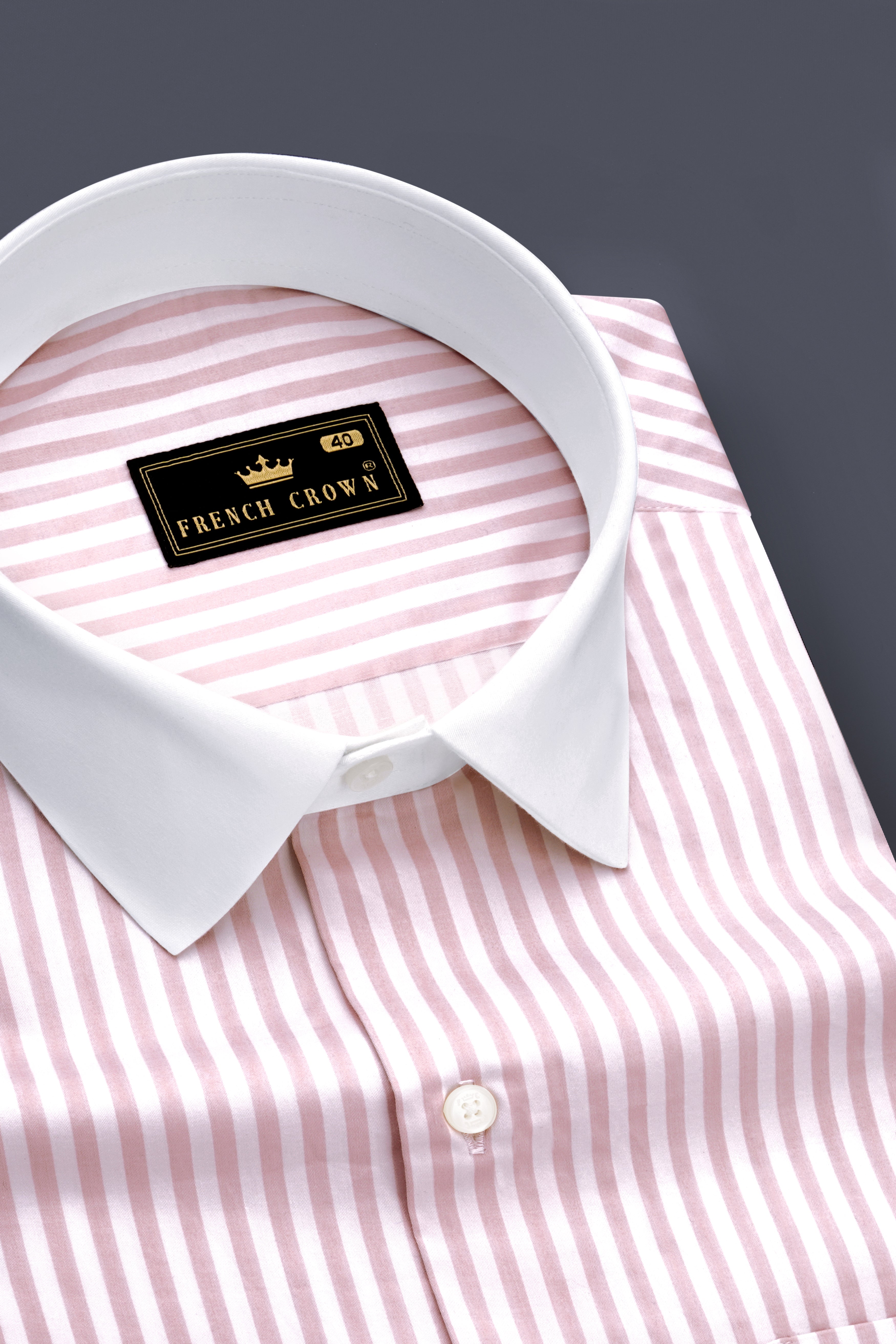 Strivaro-Oriental Pink And Bright White Candy Striped Subtle Sheen Super Soft Premium Cotton White Cuff Collar Dress Shirt