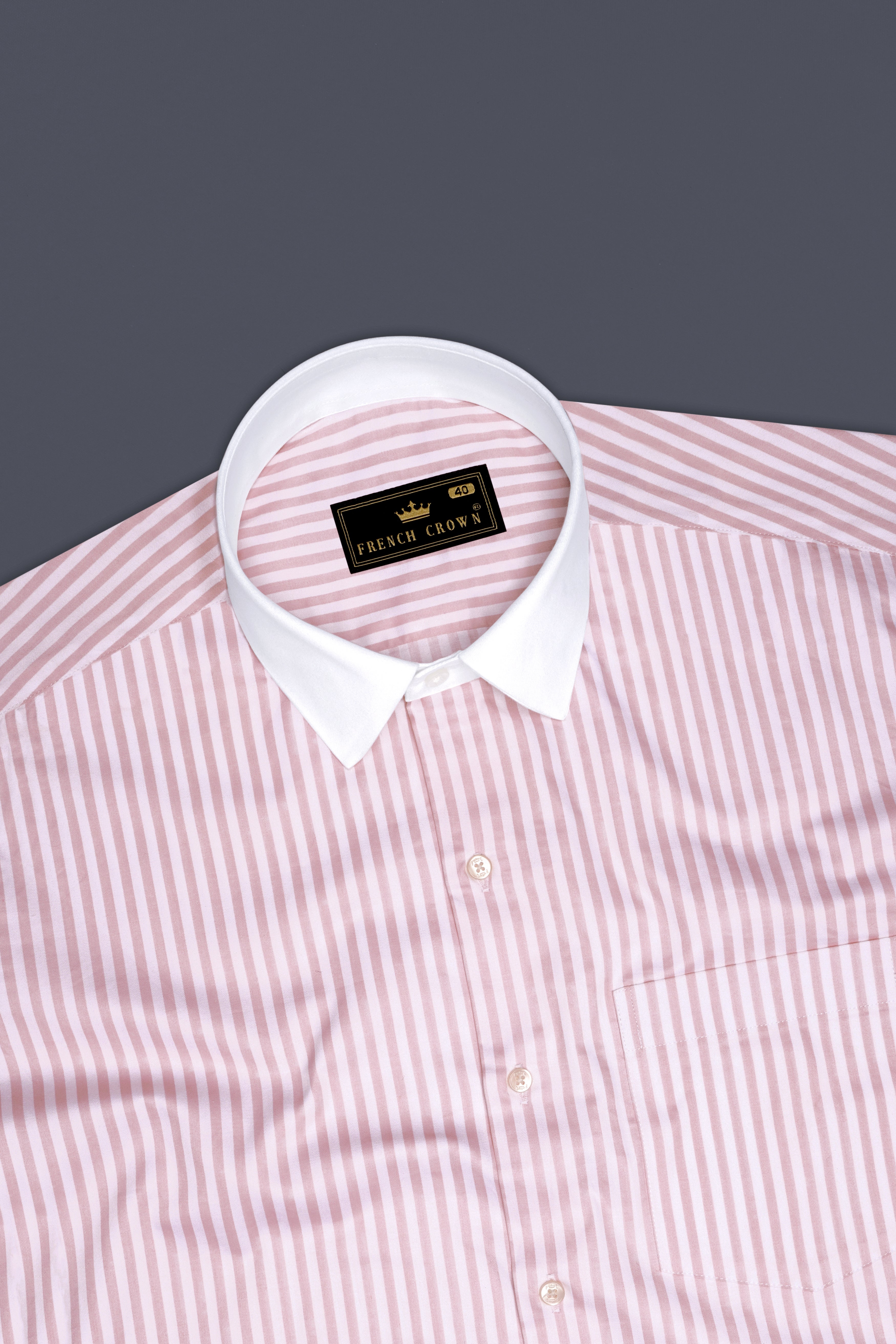 Strivaro-Oriental Pink And Bright White Candy Striped Subtle Sheen Super Soft Premium Cotton White Cuff Collar Dress Shirt