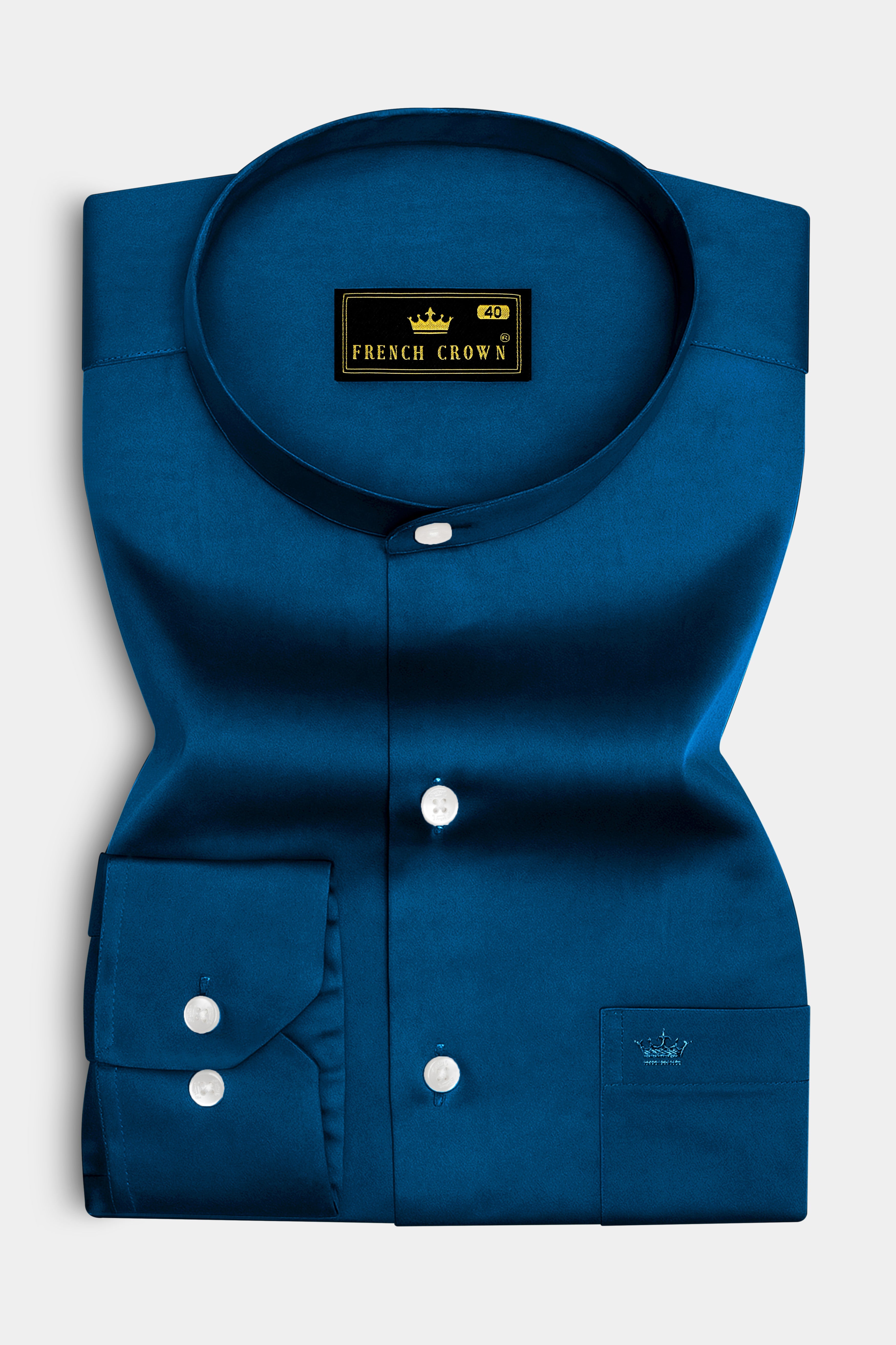 Aureblu-Prussian Blue Subtle Sheen Super Soft Premium Cotton Mandarin Shirt