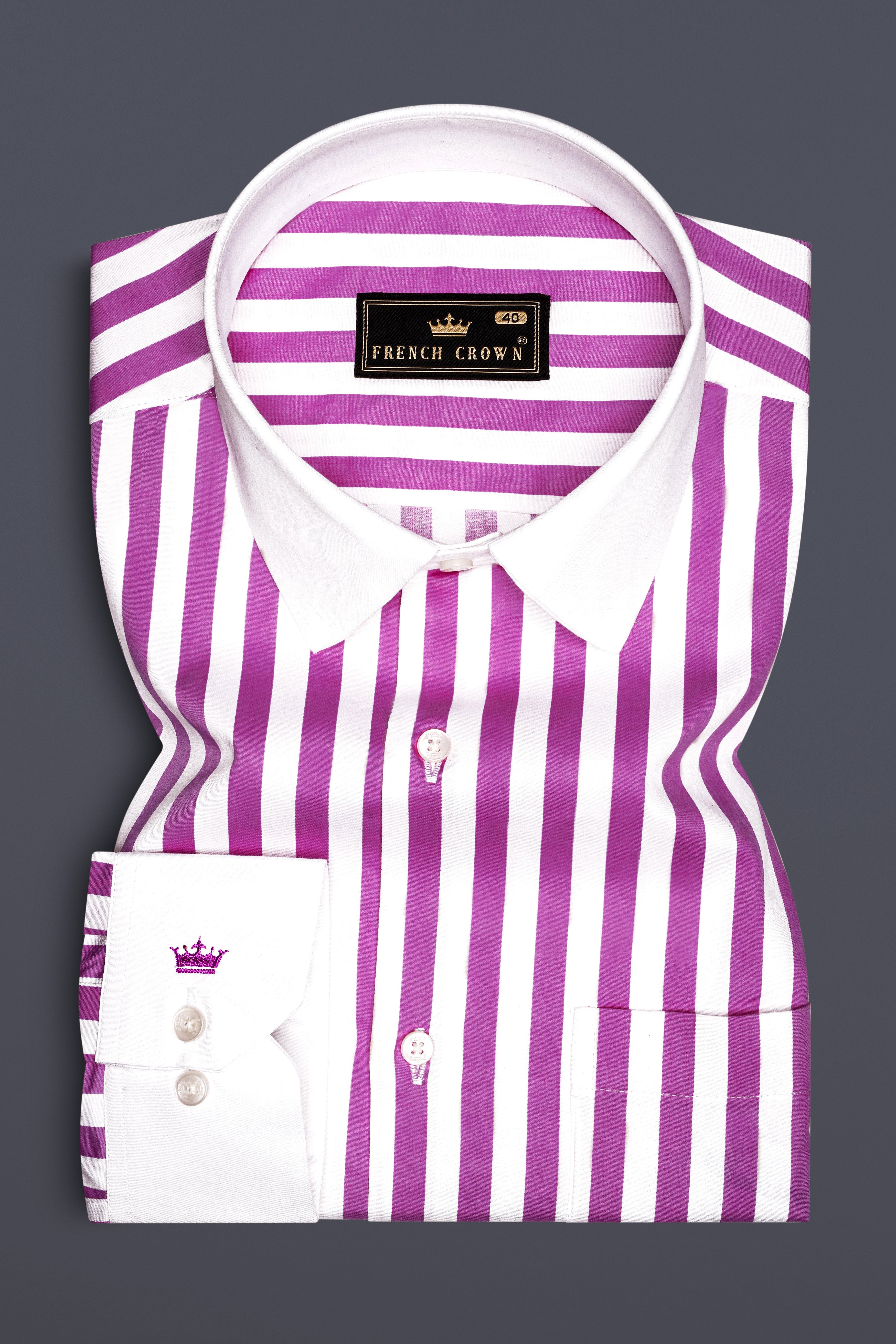 Aureline-Orchid Purple And Bright White Awning Striped Super Soft Premium Cotton Formal White Cuff Collar Shirt