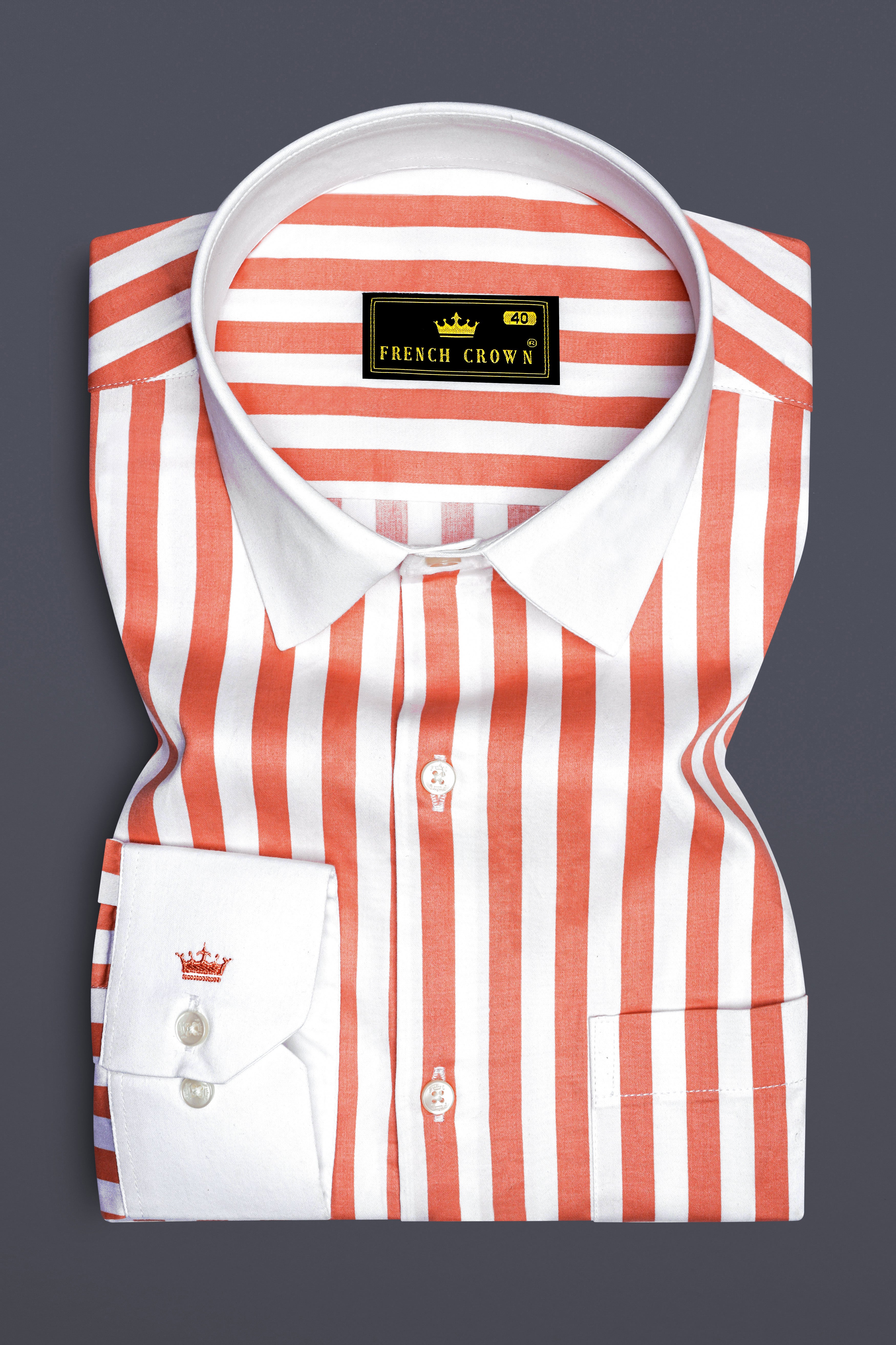 Strivaro-Apricot Peach And Bright White Awning Striped Super Soft Premium Cotton Formal White Cuff Collar Shirt