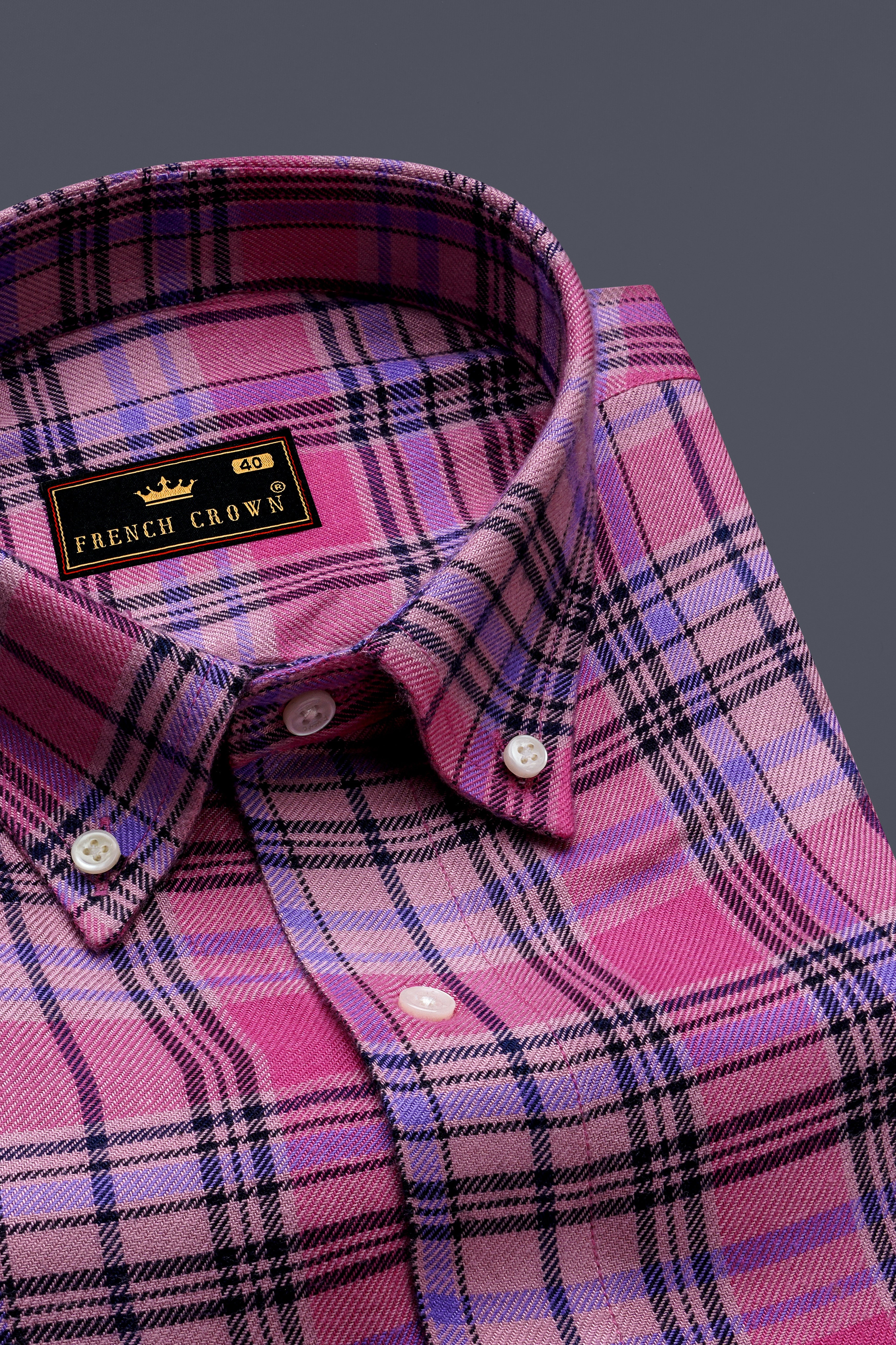 Wistavon-Mulberry Pink And Wisteria Purple Plaid Flannel Premium Cotton Casual Shirt