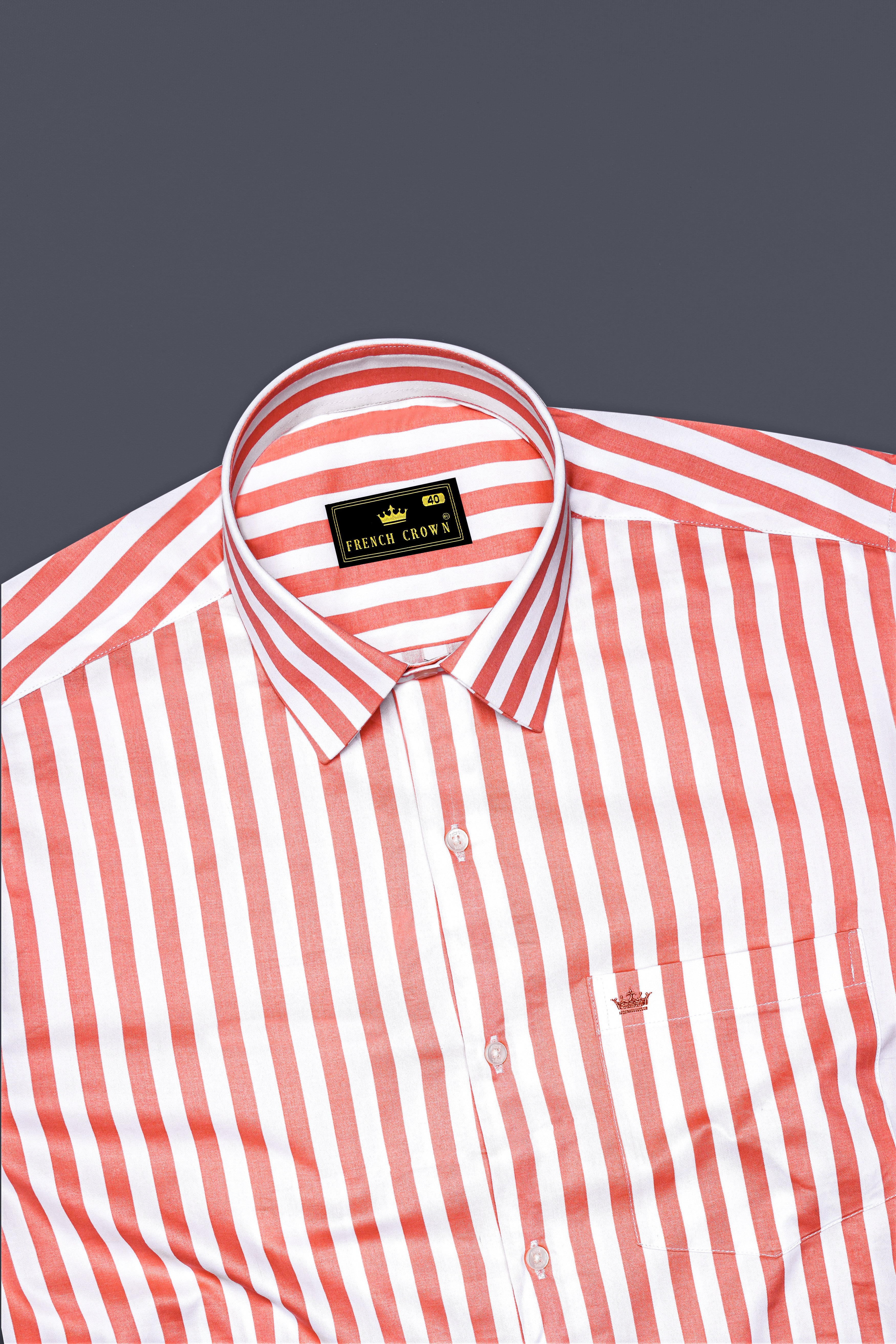 Strivaro-Apricot Peach And Bright White Awning Striped Subtle Sheen Super Soft Premium Cotton Dress Shirt