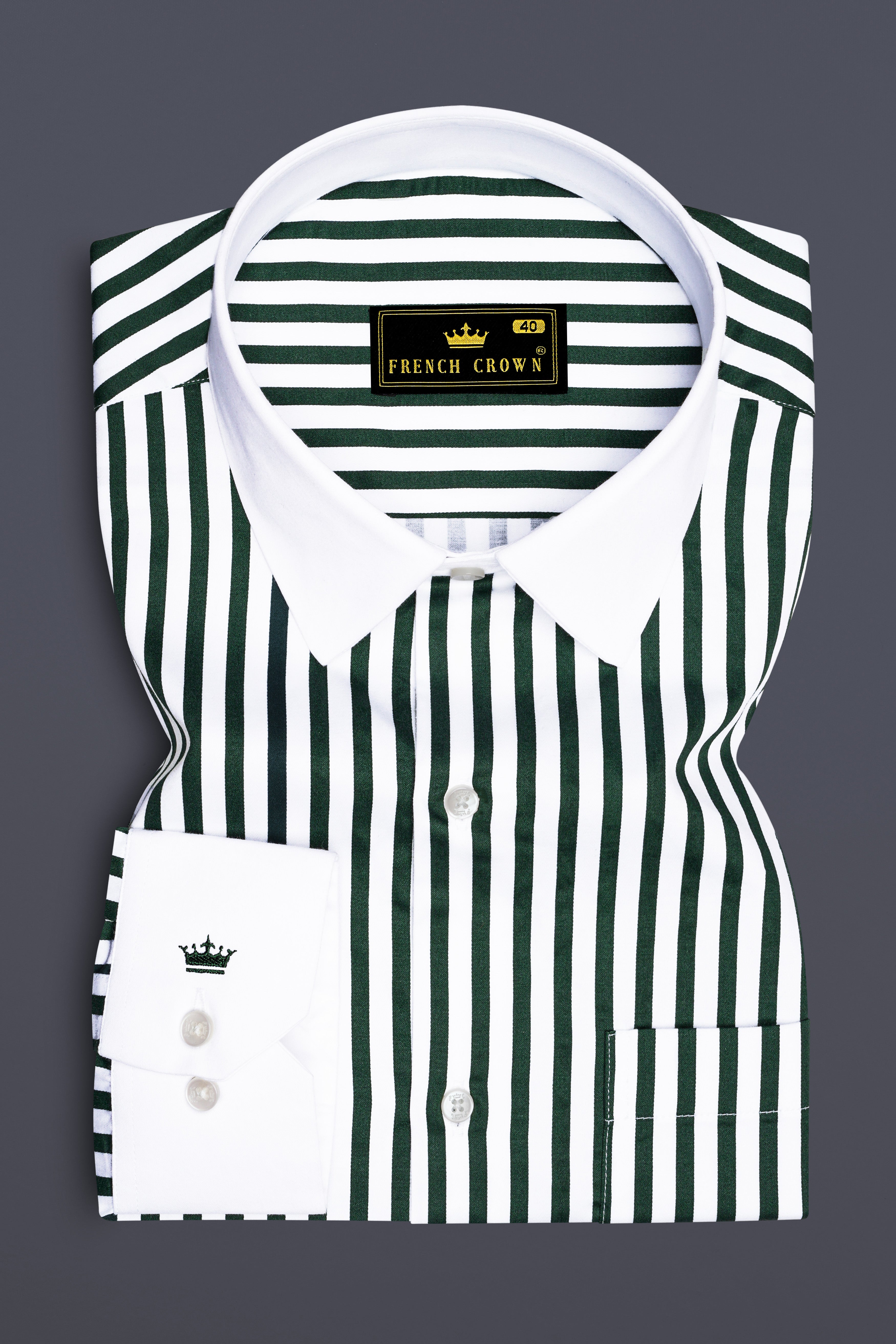 Thalvoro-Phthalo Green And Bright White Candy Striped Super Soft Premium Cotton Formal White Cuff Collar Shirt