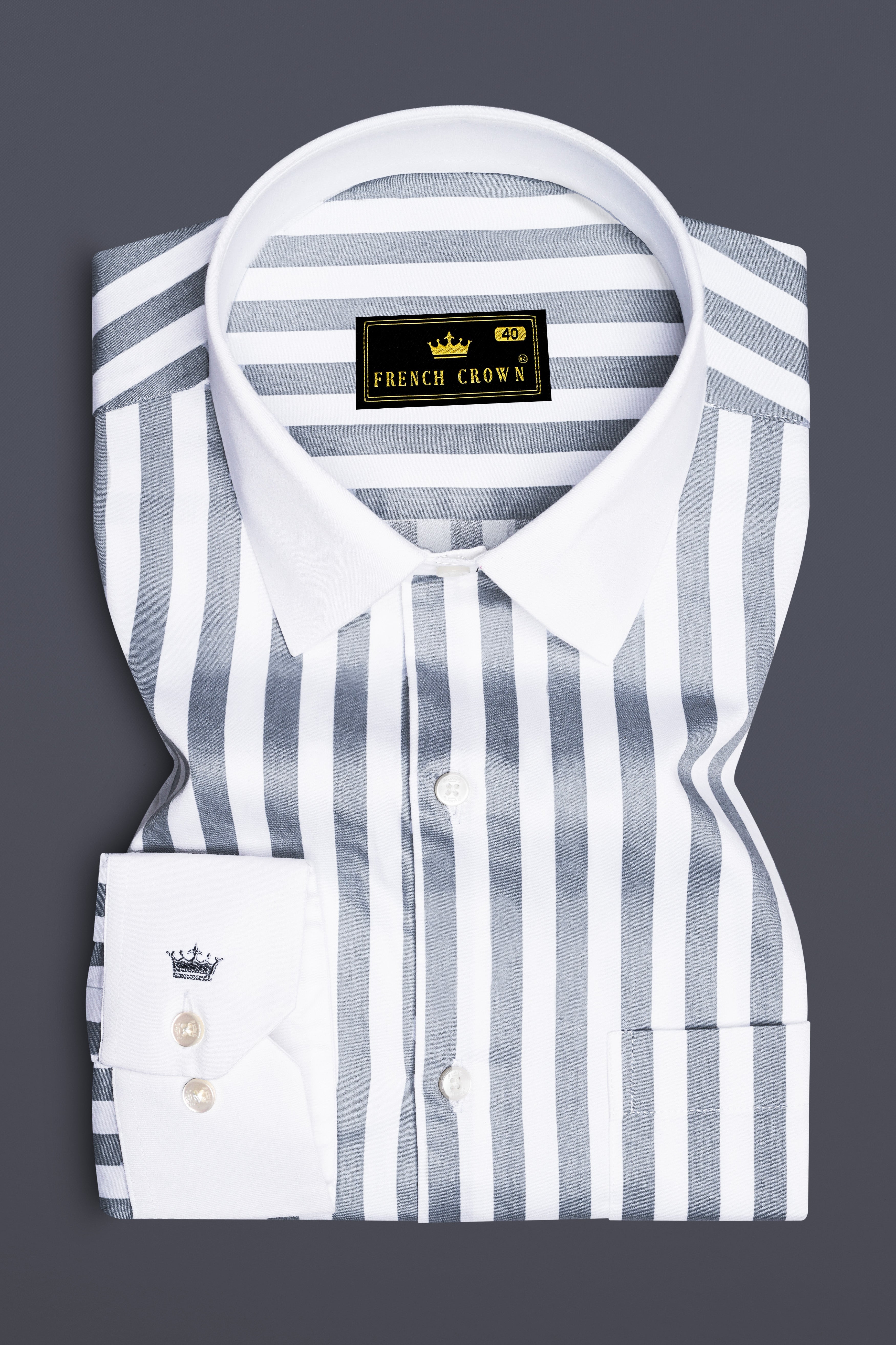 Lustravo-Santa Gray And Bright White Awning Striped Super Soft Premium Cotton Formal White Cuff Collar Shirt