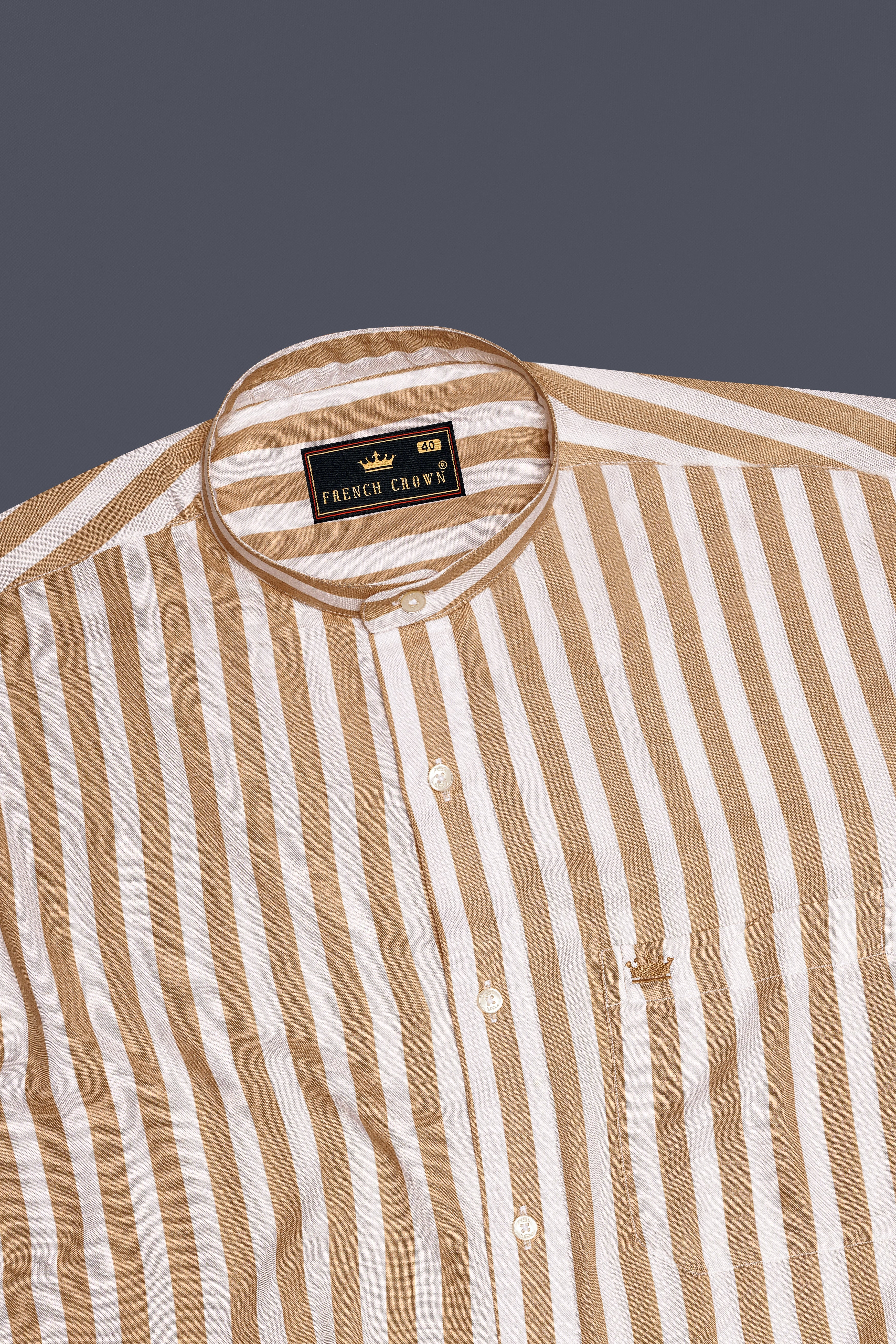 Brunoro-Sandy Brown And Bright White Striped Subtle Sheen Super Soft Premium Cotton Mandarin Dress Shirt