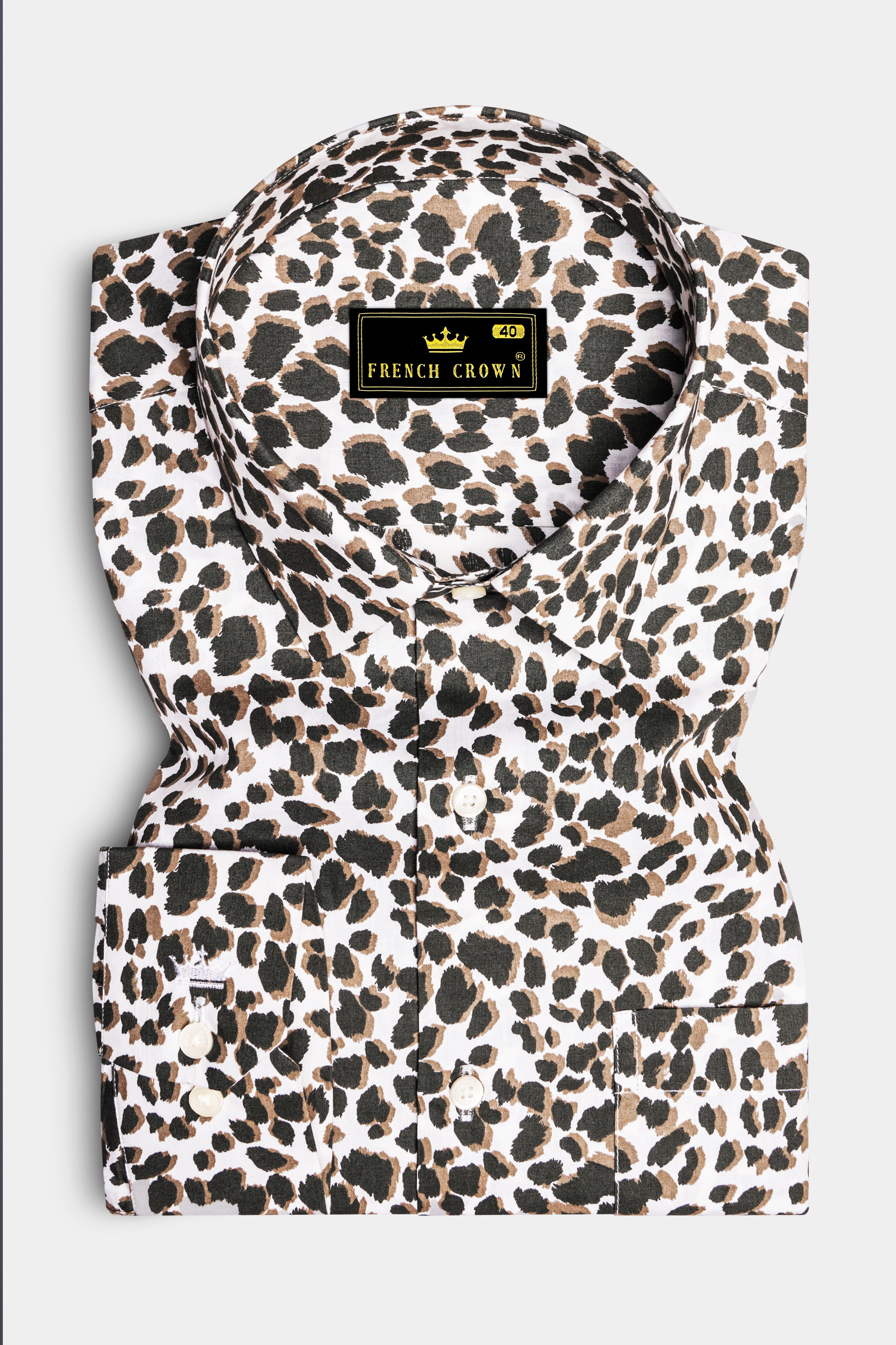 Safariq-Dune Brown And Bright White Leopard Printed Premium Cotton Casual Shirt