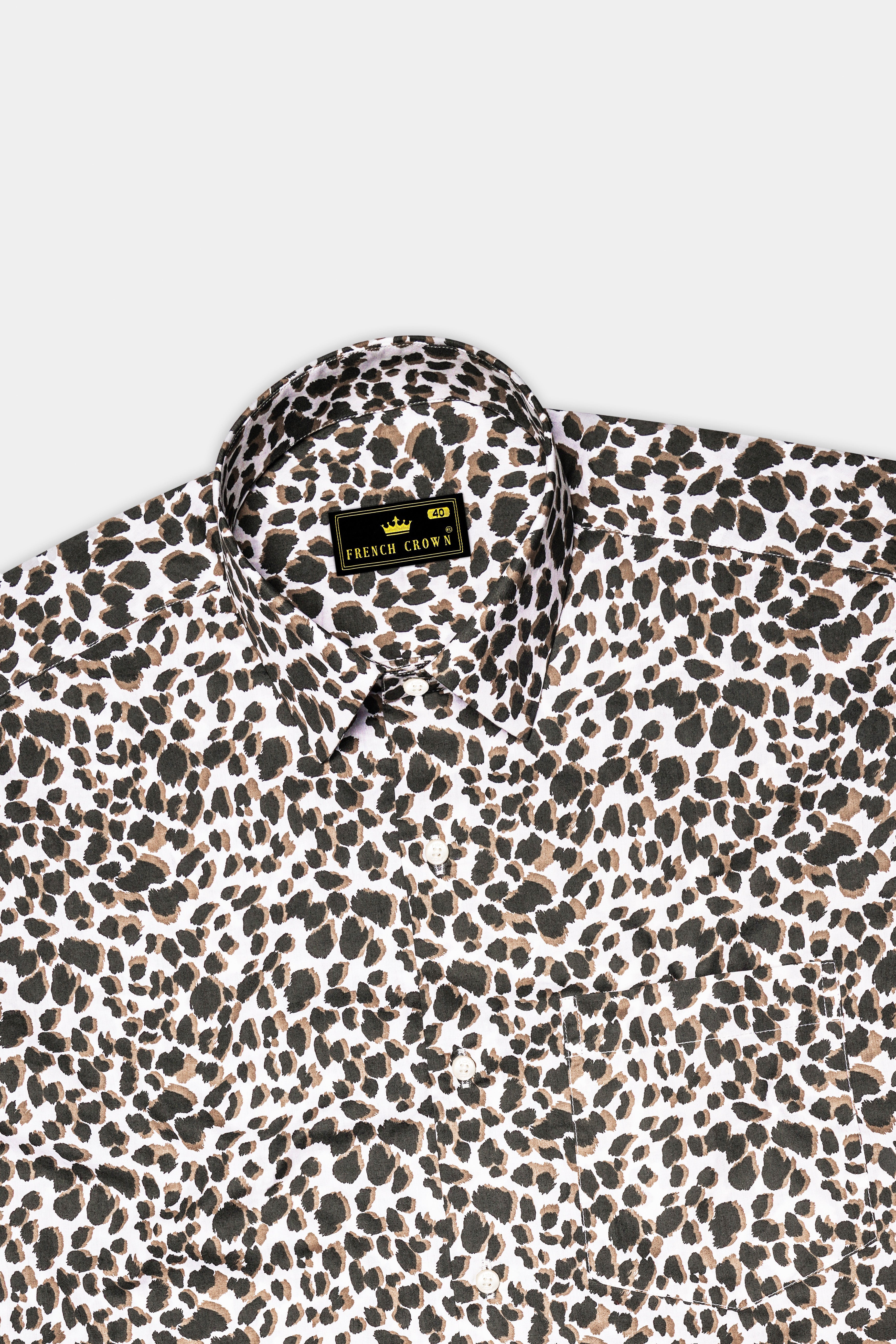 Safariq-Dune Brown And Bright White Leopard Printed Premium Cotton Casual Shirt