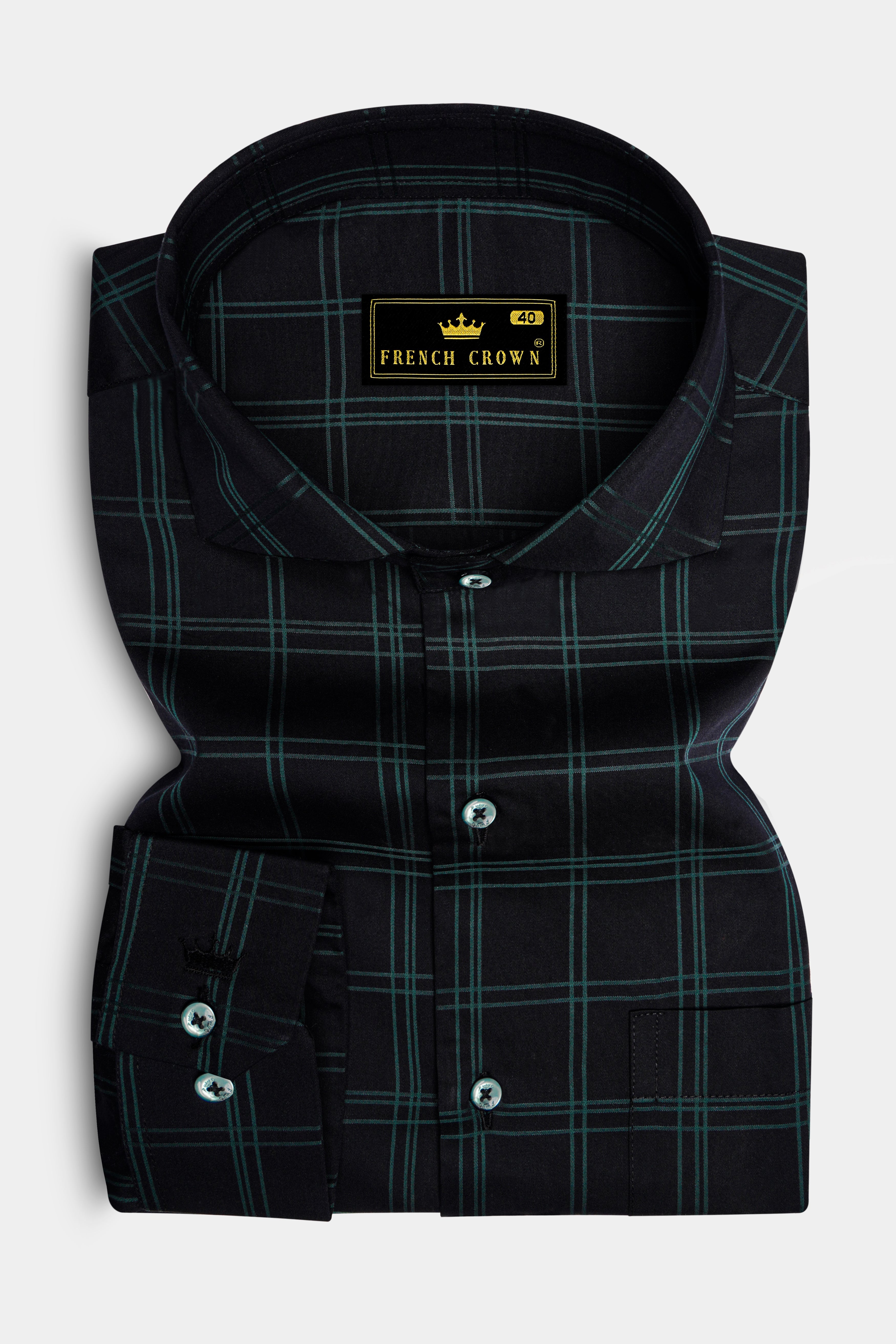 Verdant-Jade Black And Slate Green Plaid Dobby Textured Premium Giza Cotton Dress Shirt